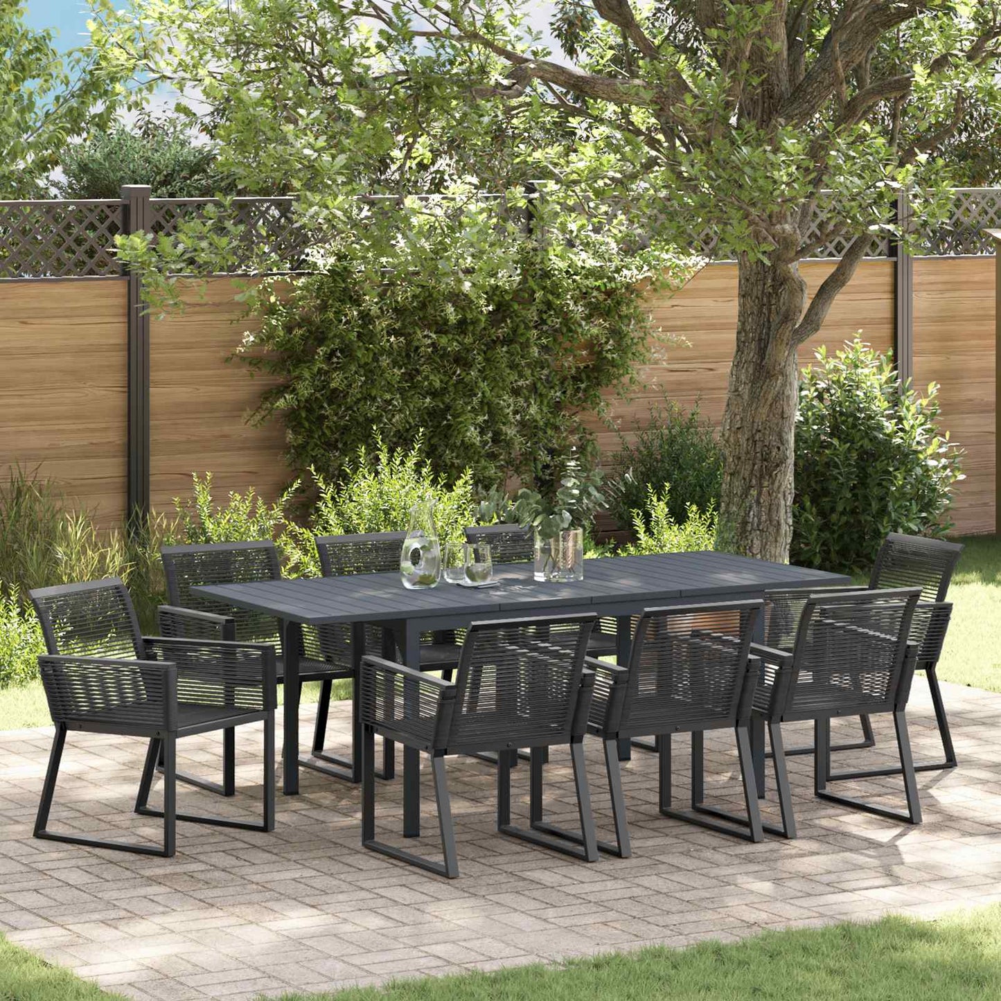 Set da Pranzo per Giardino 9 pcs Nero polyrattan