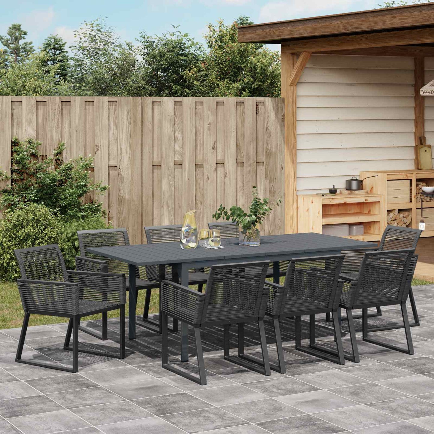 Set da Pranzo per Giardino 9 pcs Nero polyrattan
