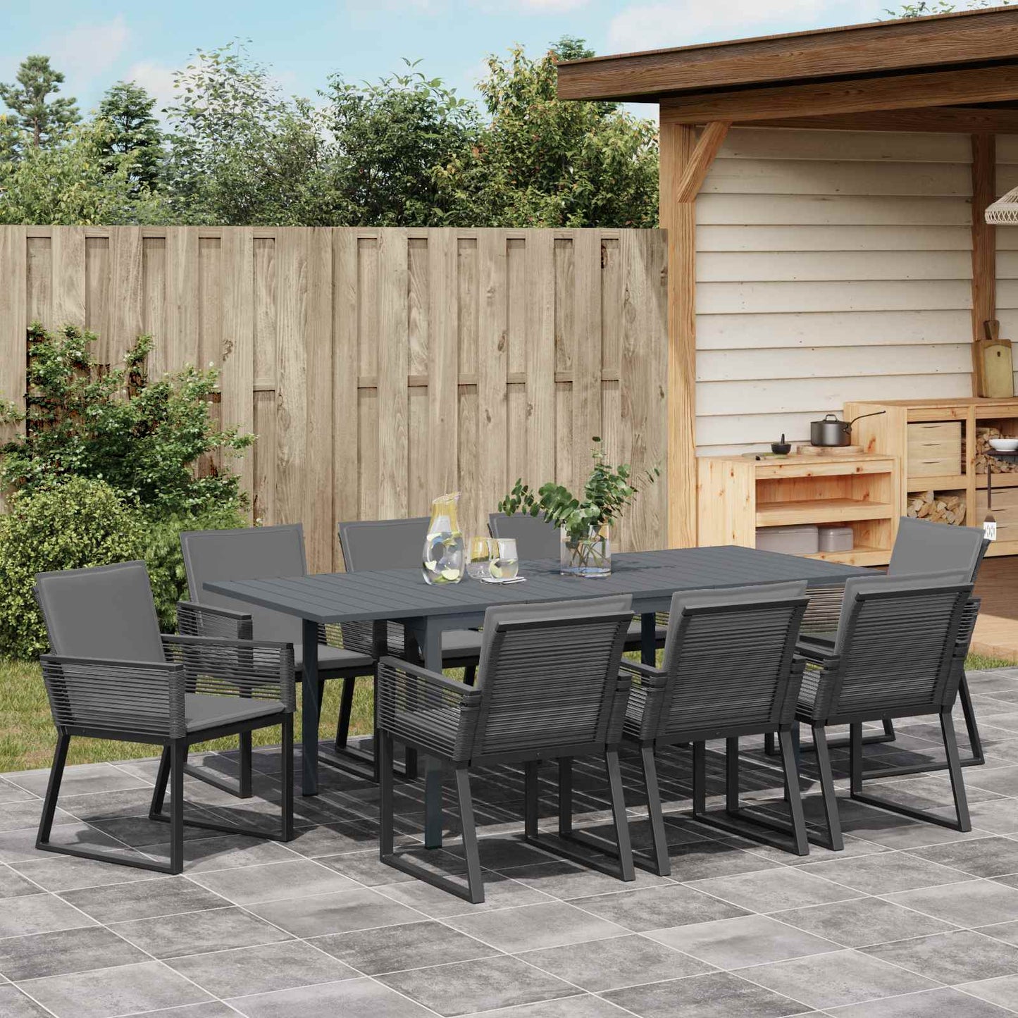 Set da Pranzo per Giardino 9 pcs Nero polyrattan