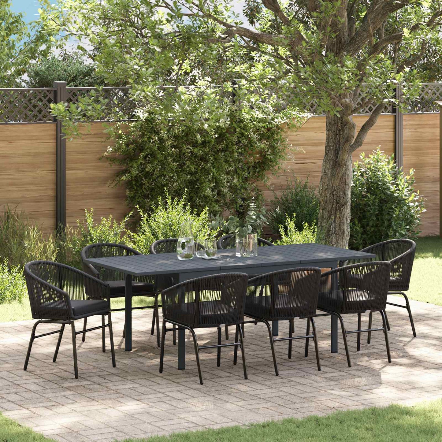 Set da Pranzo per Giardino 9 pcs Nero polyrattan