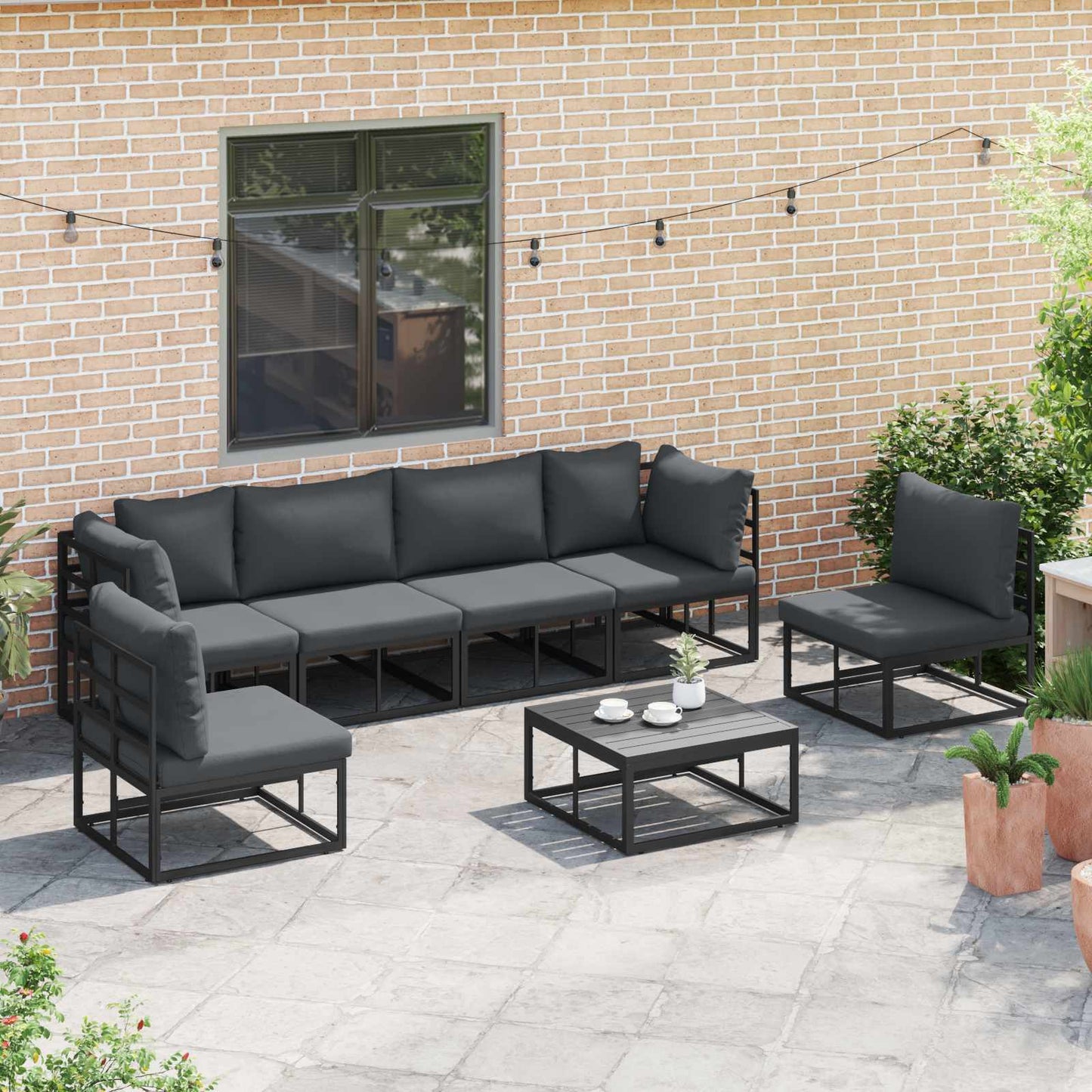 Set Divano da Giardino con cuscino 7 pcs Nero Alluminio
