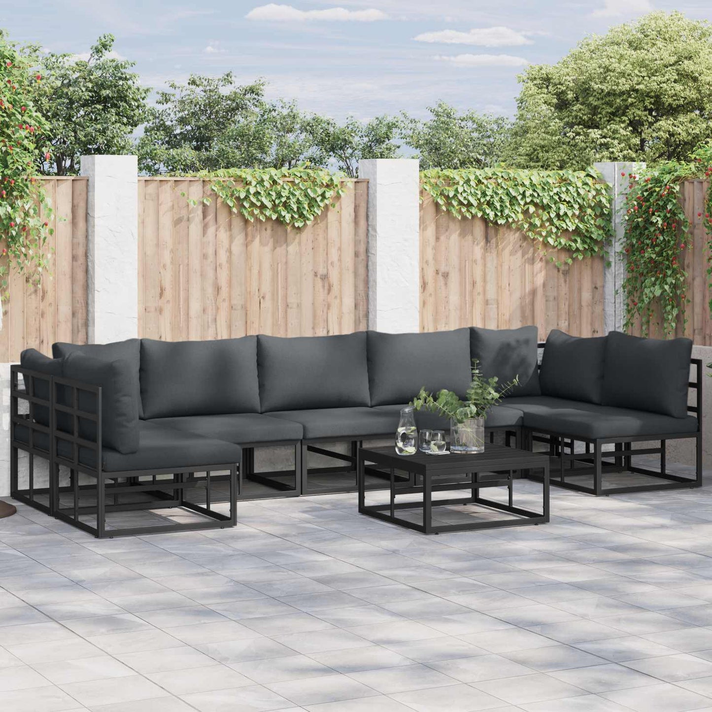 Set Divano da Giardino con cuscino 7 pcs Nero Alluminio