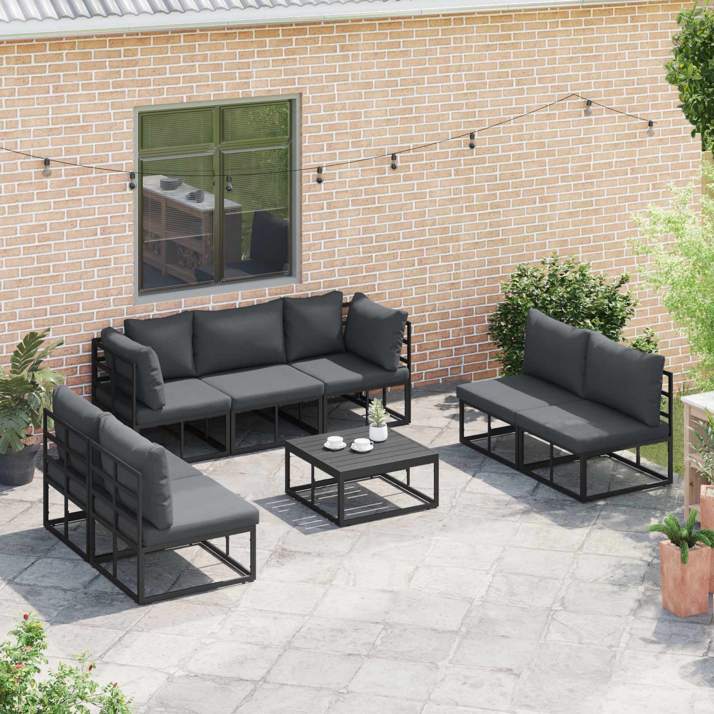Set Divano da Giardino con cuscino 8 pcs Nero Alluminio | homemem39