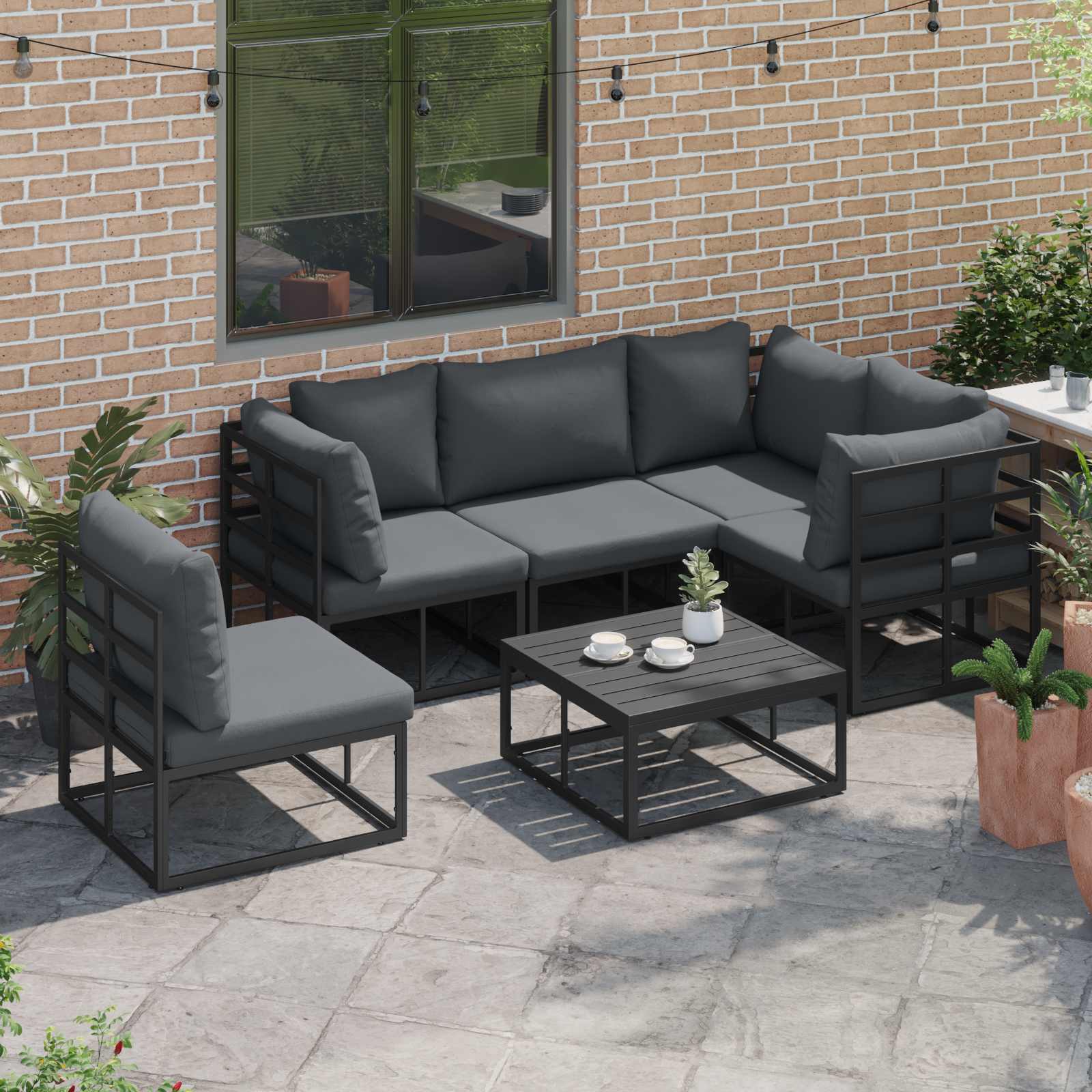 Set Divano da Giardino con cuscino 6 pcs Nero Alluminio | homemem39