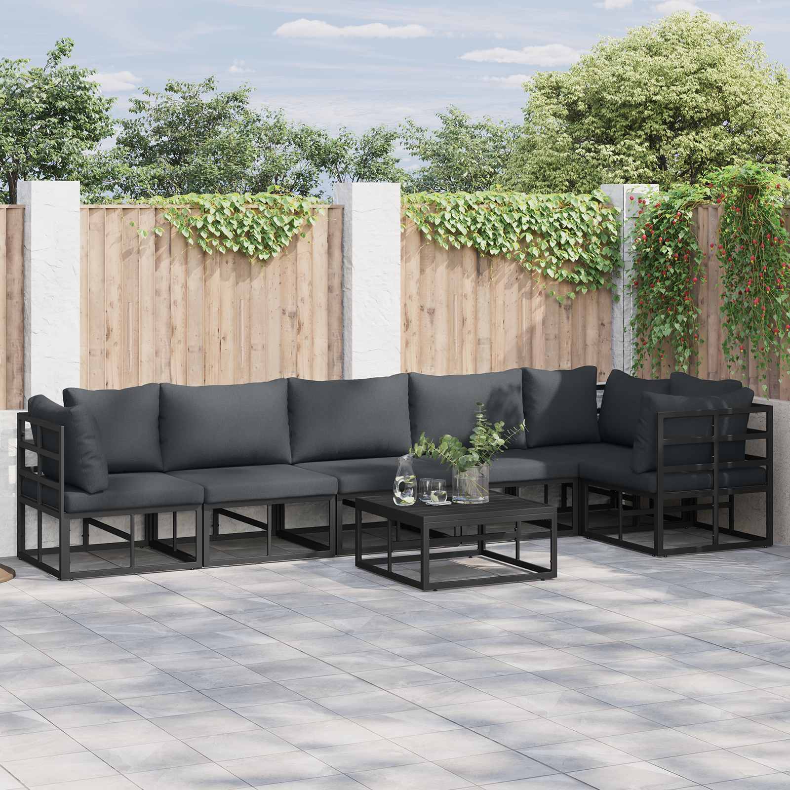 Set Divano da Giardino con cuscino 6 pcs Nero Alluminio | homemem39