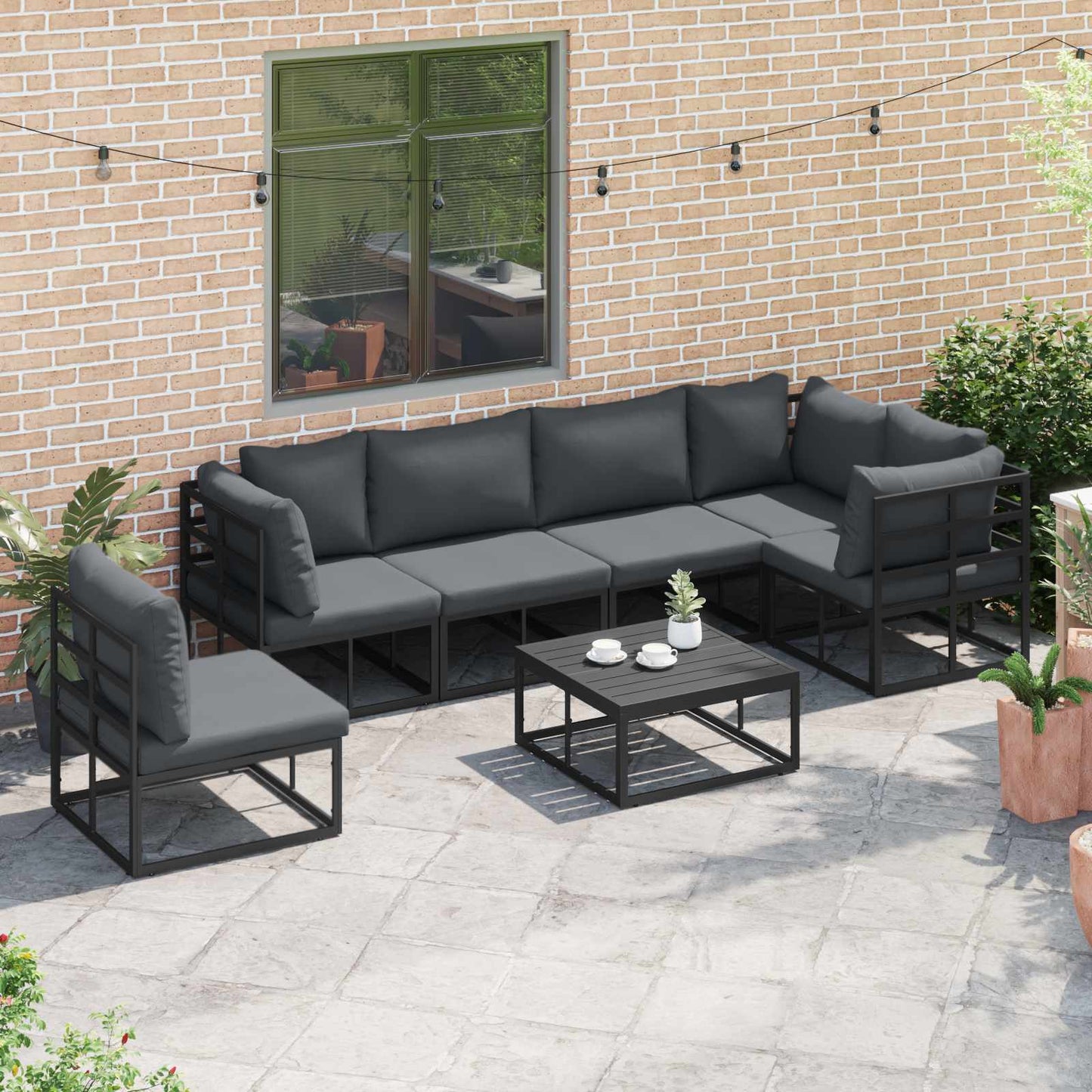 Set Divano da Giardino con cuscino 6 pcs Nero Alluminio | homemem39