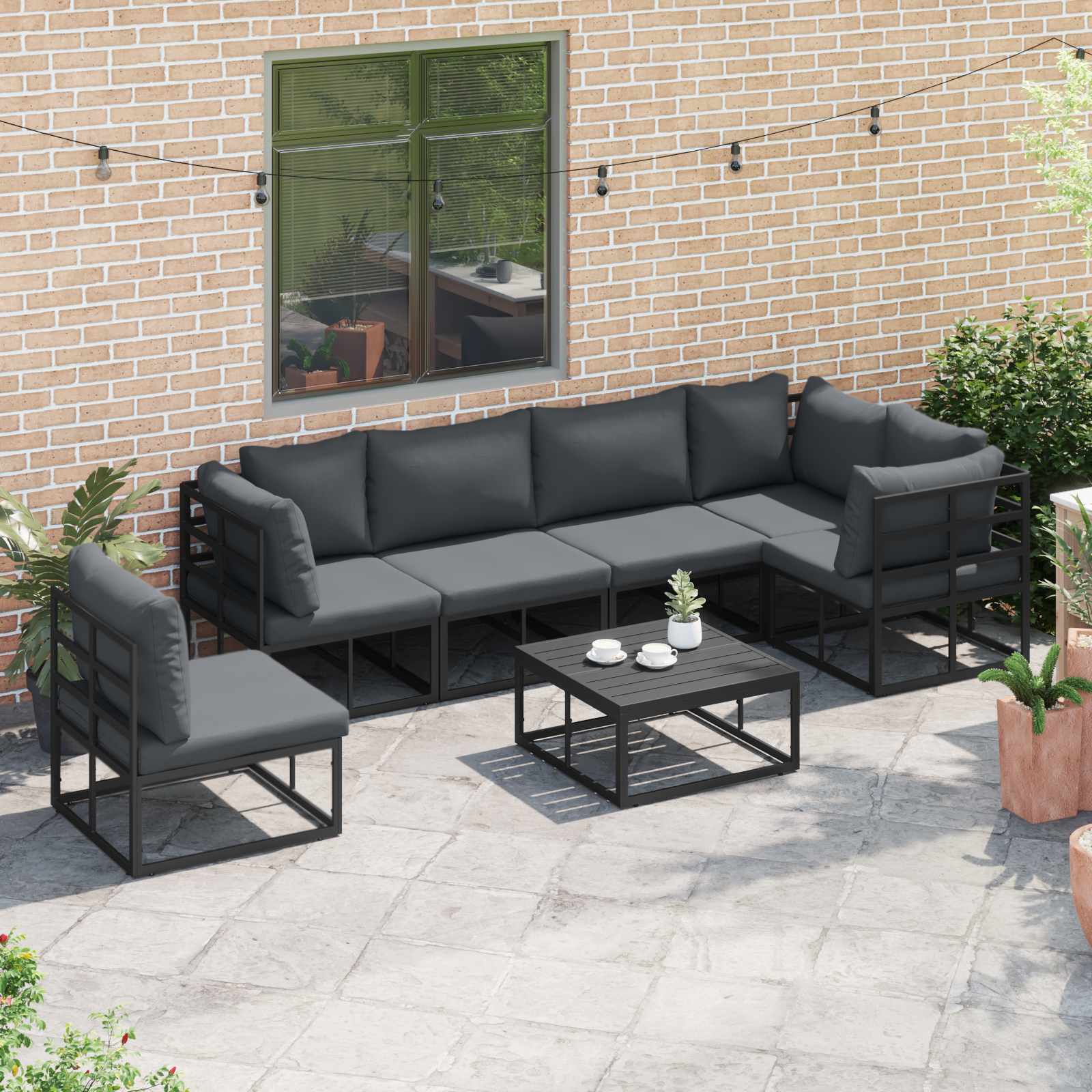 Set Divano da Giardino con cuscino 6 pcs Nero Alluminio | homemem39