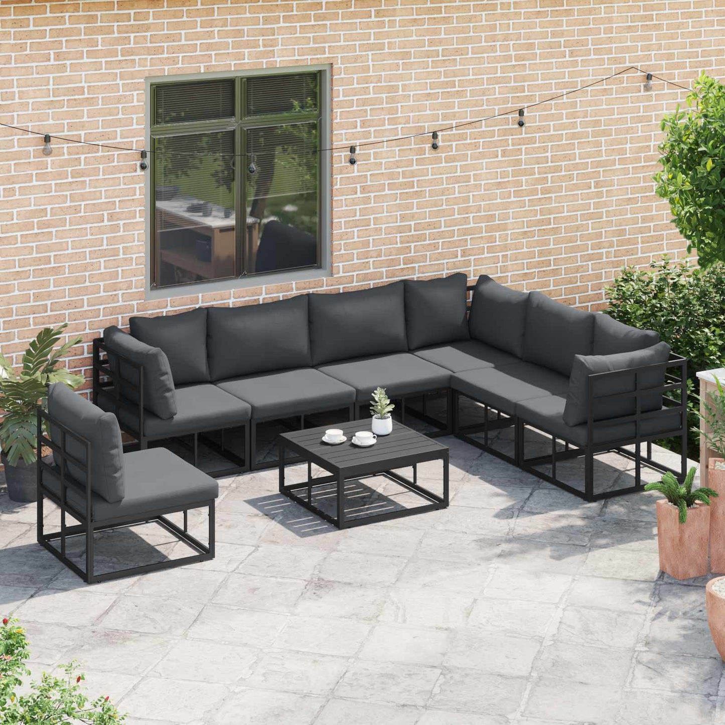 Set Divano da Giardino con cuscino 7 pcs Nero Alluminio | homemem39