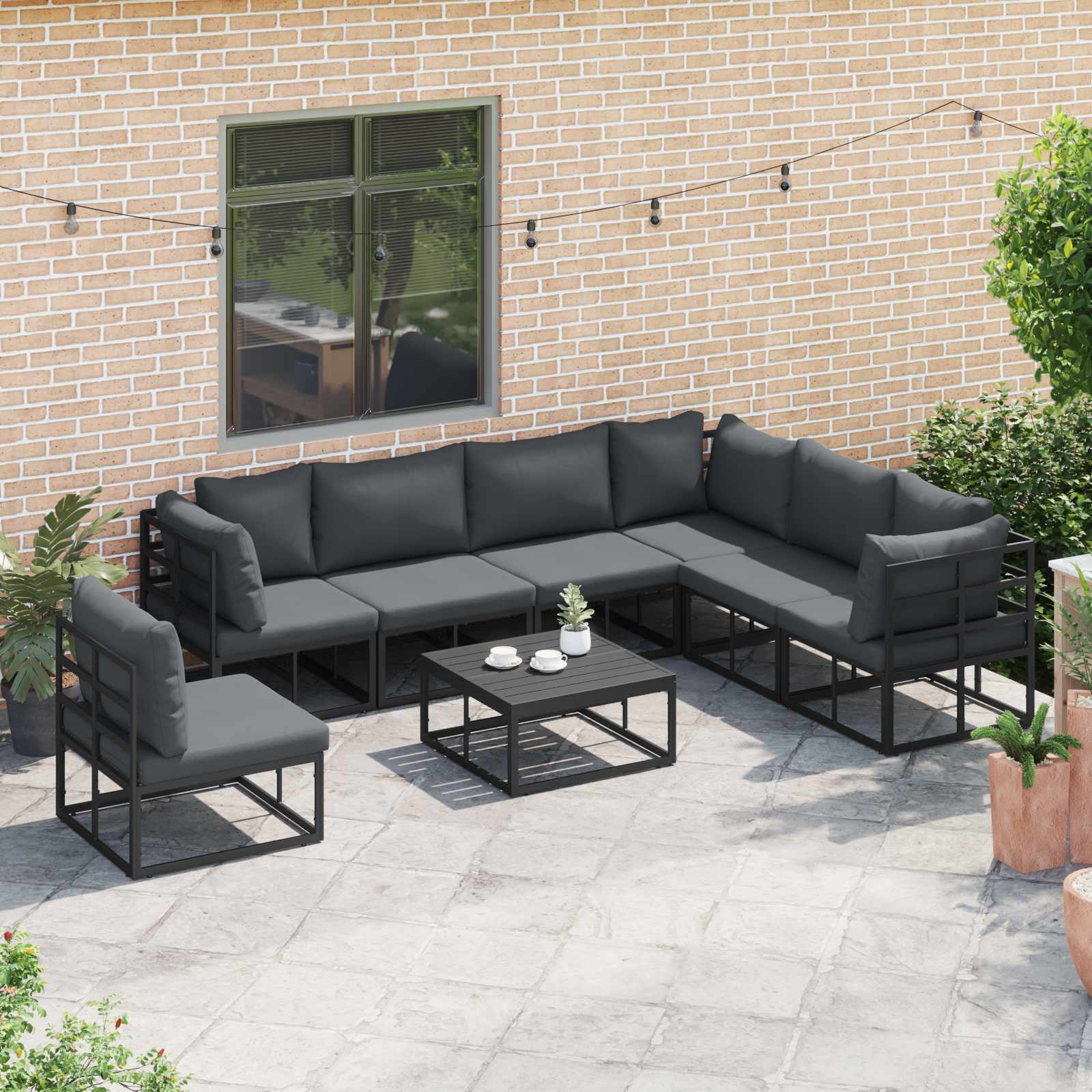 Set Divano da Giardino con cuscino 7 pcs Nero Alluminio | homemem39