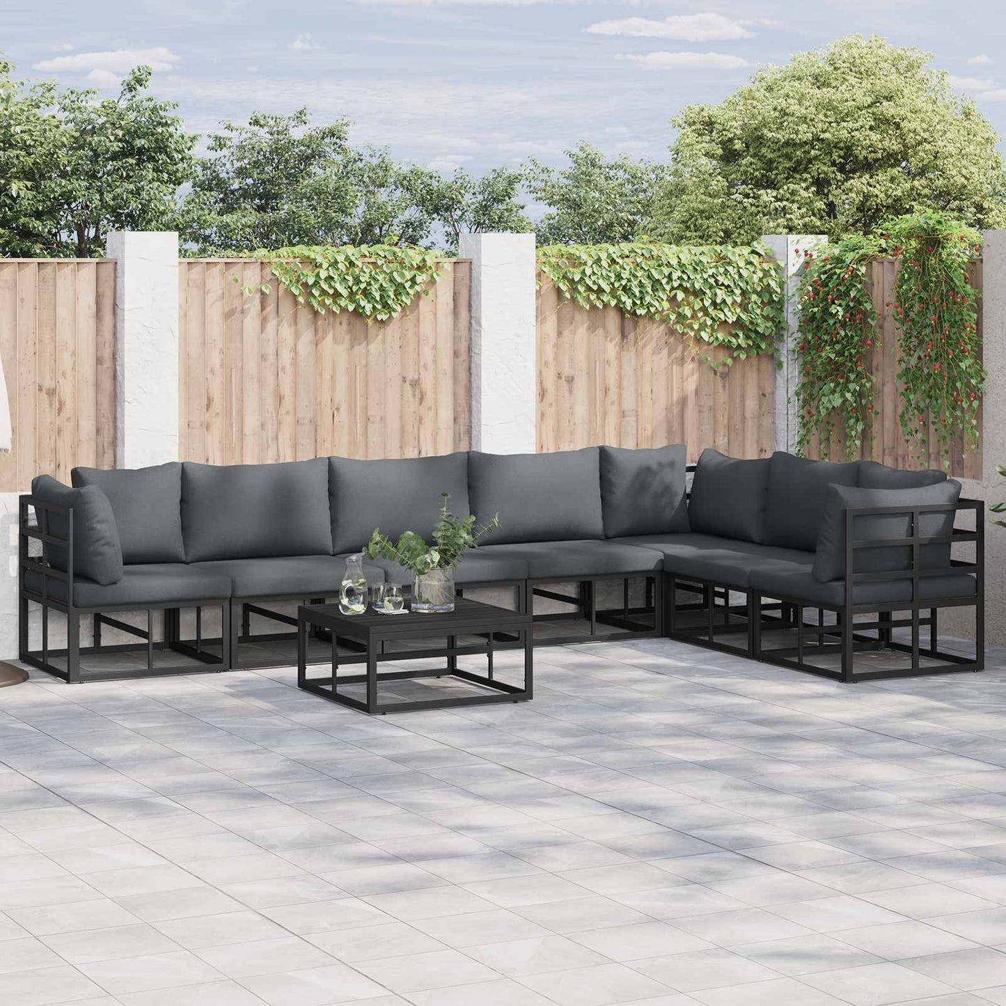 Set Divano da Giardino con cuscino 8 pcs Nero Alluminio | homemem39