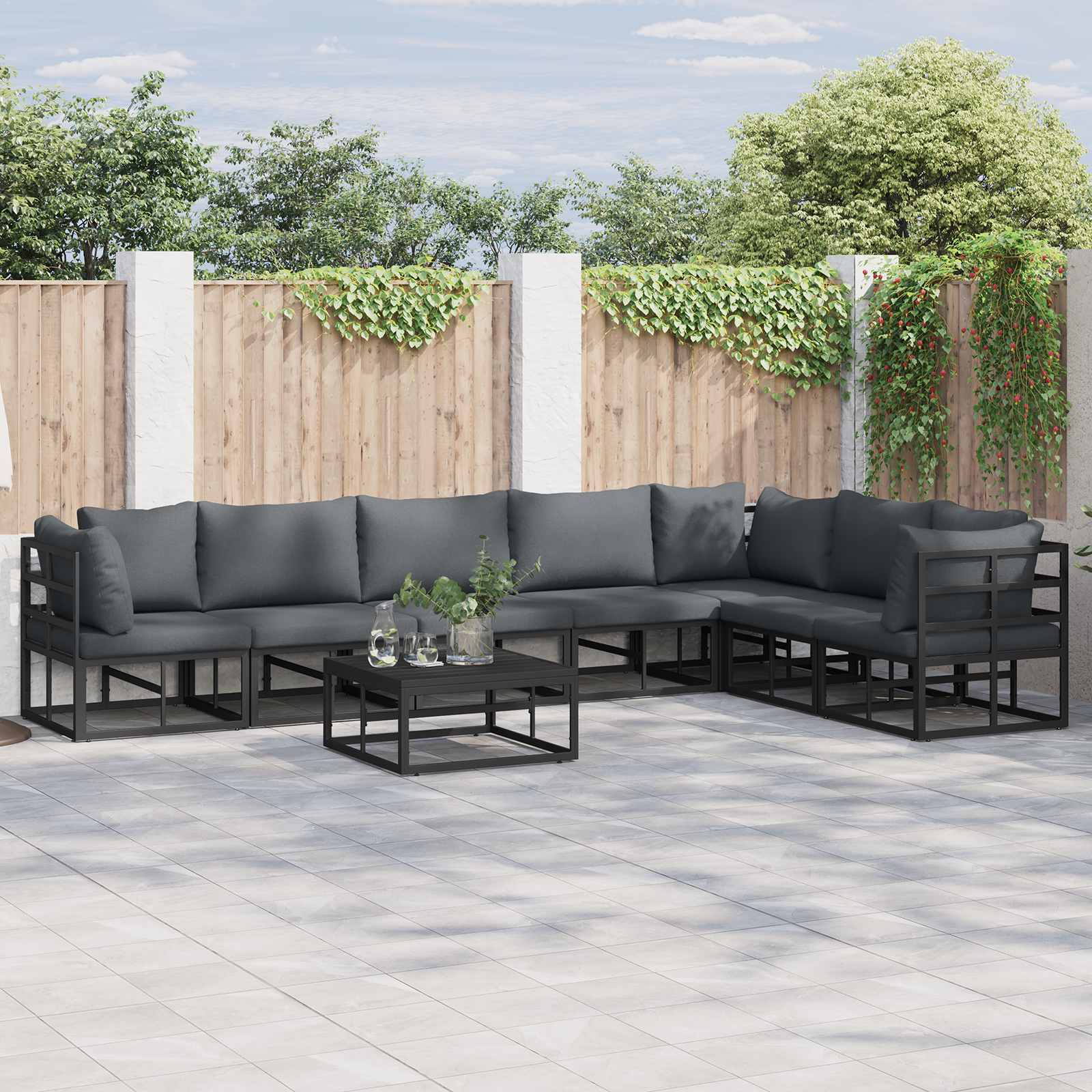 Set Divano da Giardino con cuscino 8 pcs Nero Alluminio | homemem39