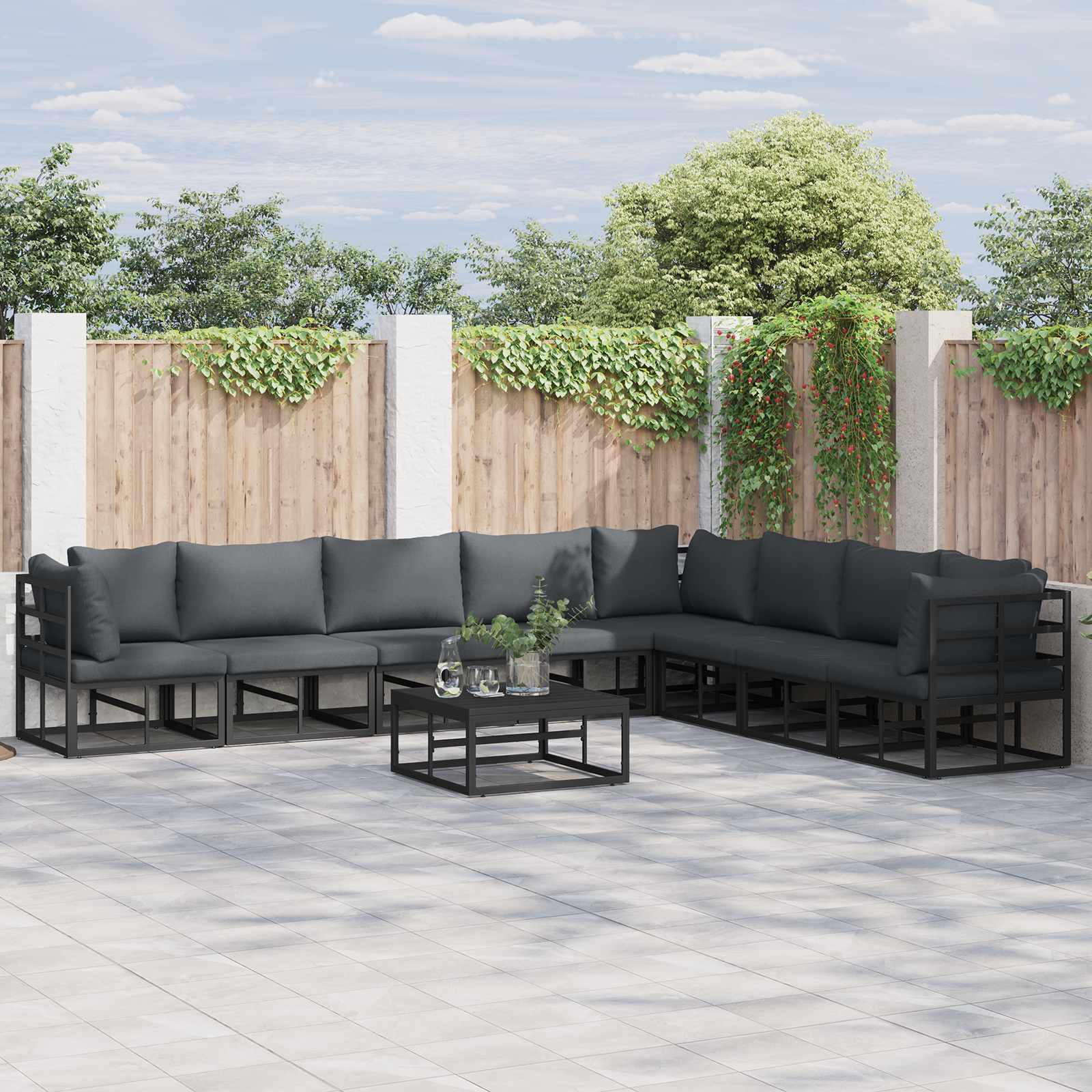 Set Divano da Giardino con cuscino 9 pcs Nero Alluminio | homemem39