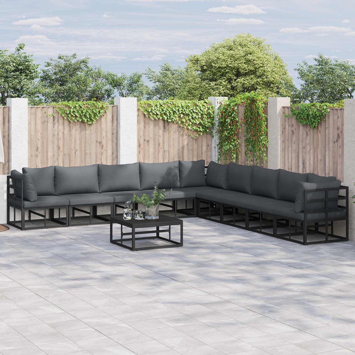 Set Divano da Giardino con cuscino 9 pcs Nero Alluminio