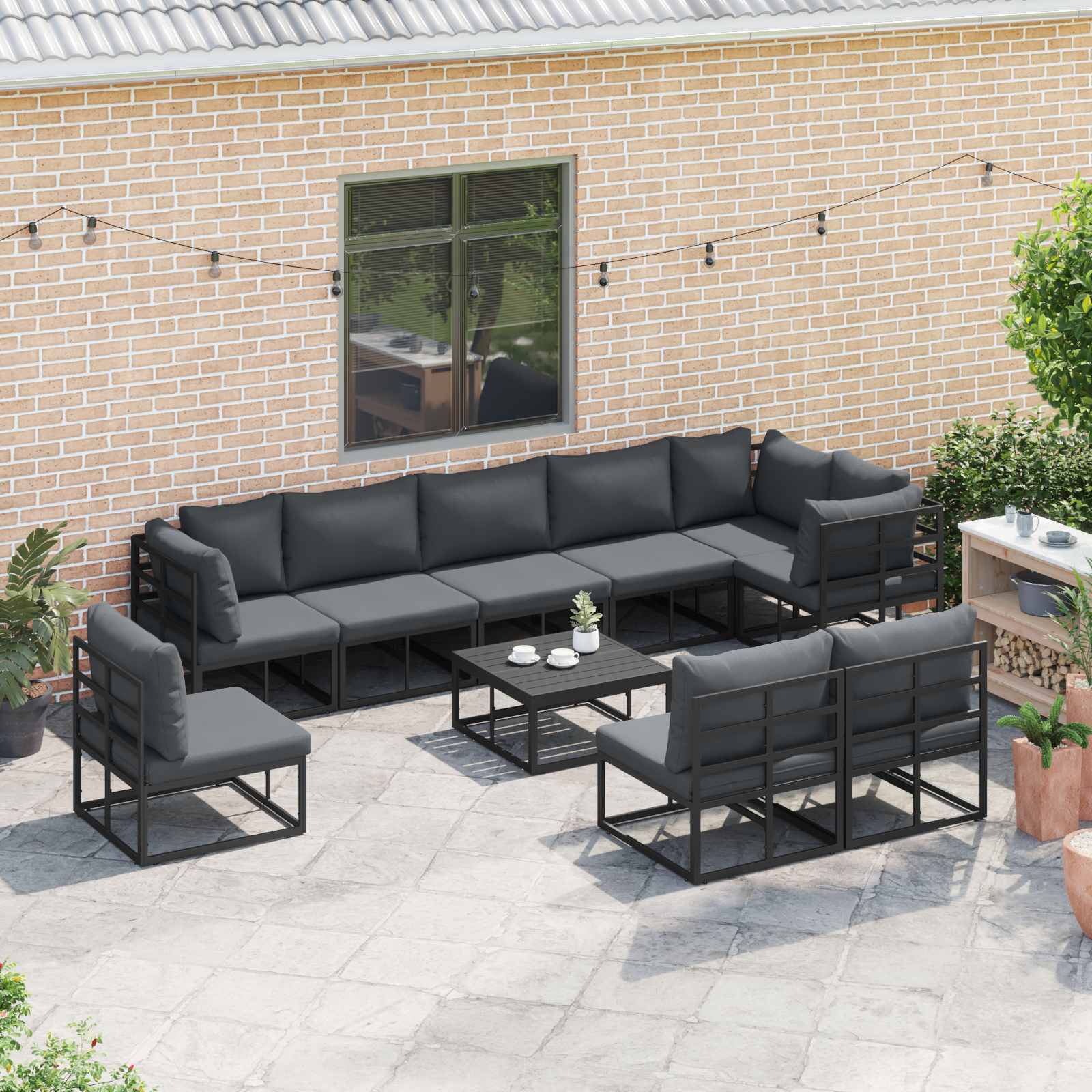 Set Divano da Giardino con cuscino 10 pcs Nero Alluminio | homemem39