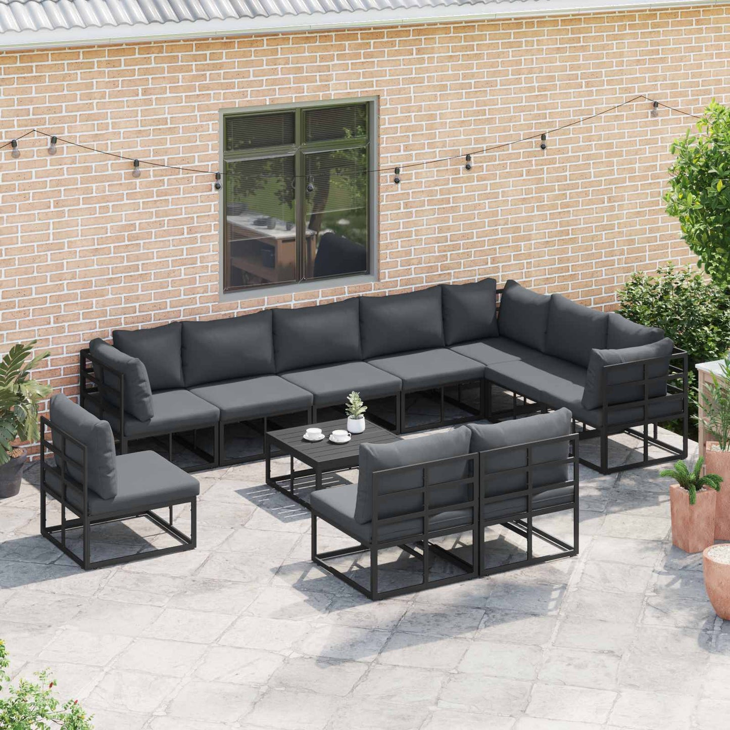 Set Divano da Giardino con cuscino 10 pcs Nero Alluminio