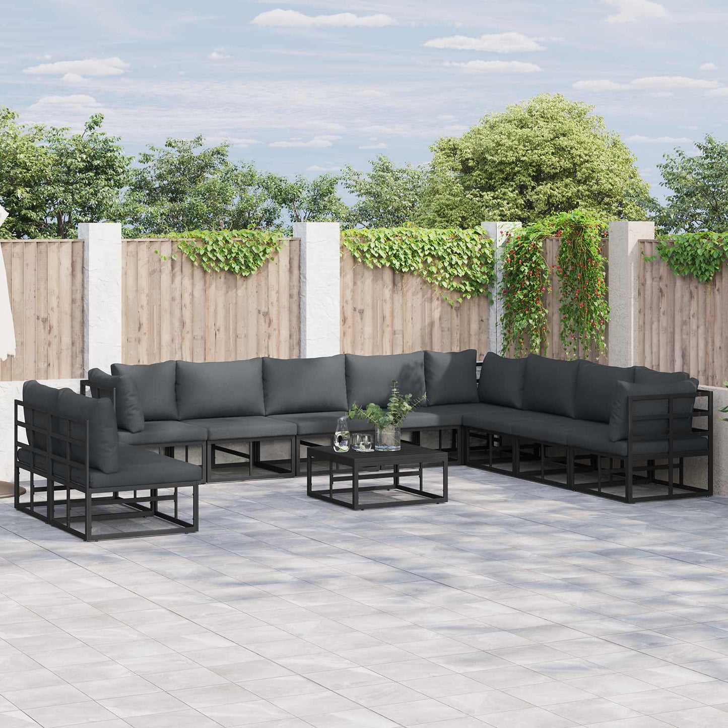 Set Divano da Giardino con cuscino 11 pcs Nero Alluminio