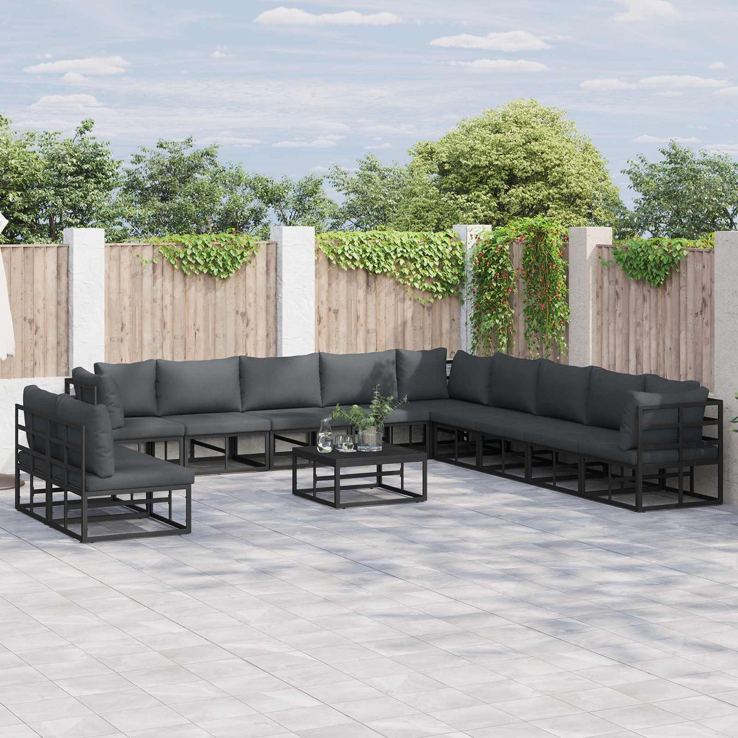 Set Divano da Giardino con cuscino 11 pcs Nero Alluminio | homemem39