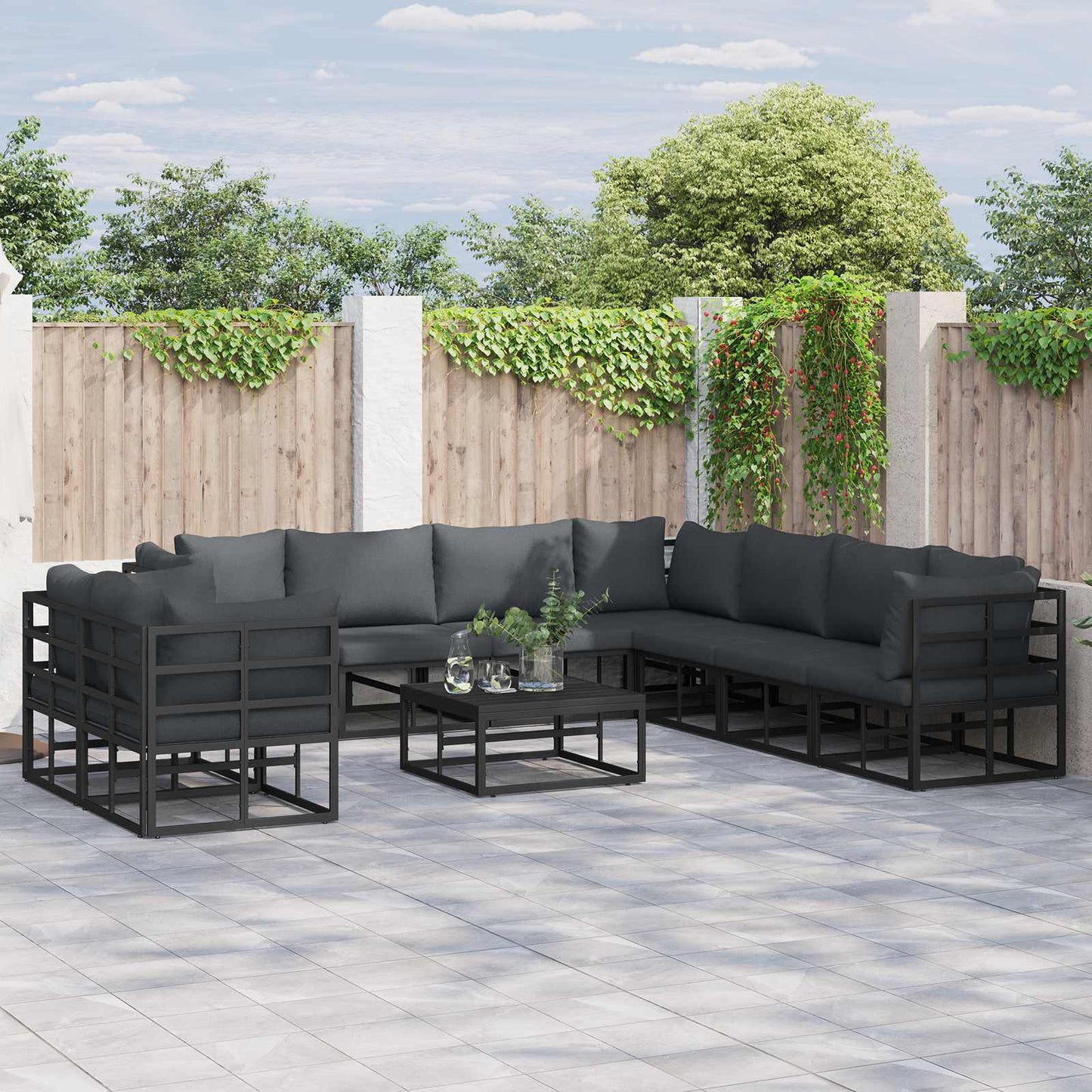 Set Divano da Giardino con cuscino 10 pcs Nero Alluminio