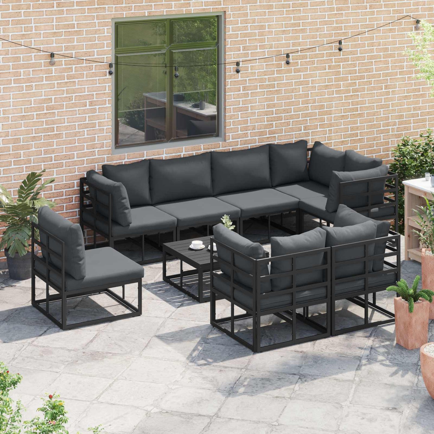 Set Divano da Giardino con cuscino 9 pcs Nero Alluminio | homemem39