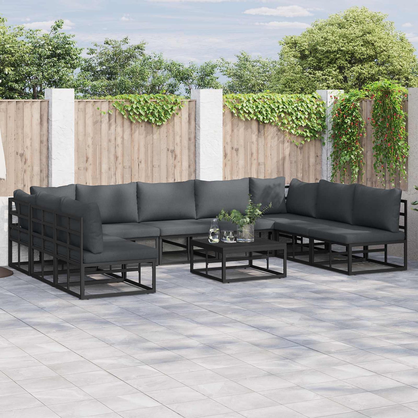 Set Divano da Giardino con cuscino 9 pcs Nero Alluminio | homemem39