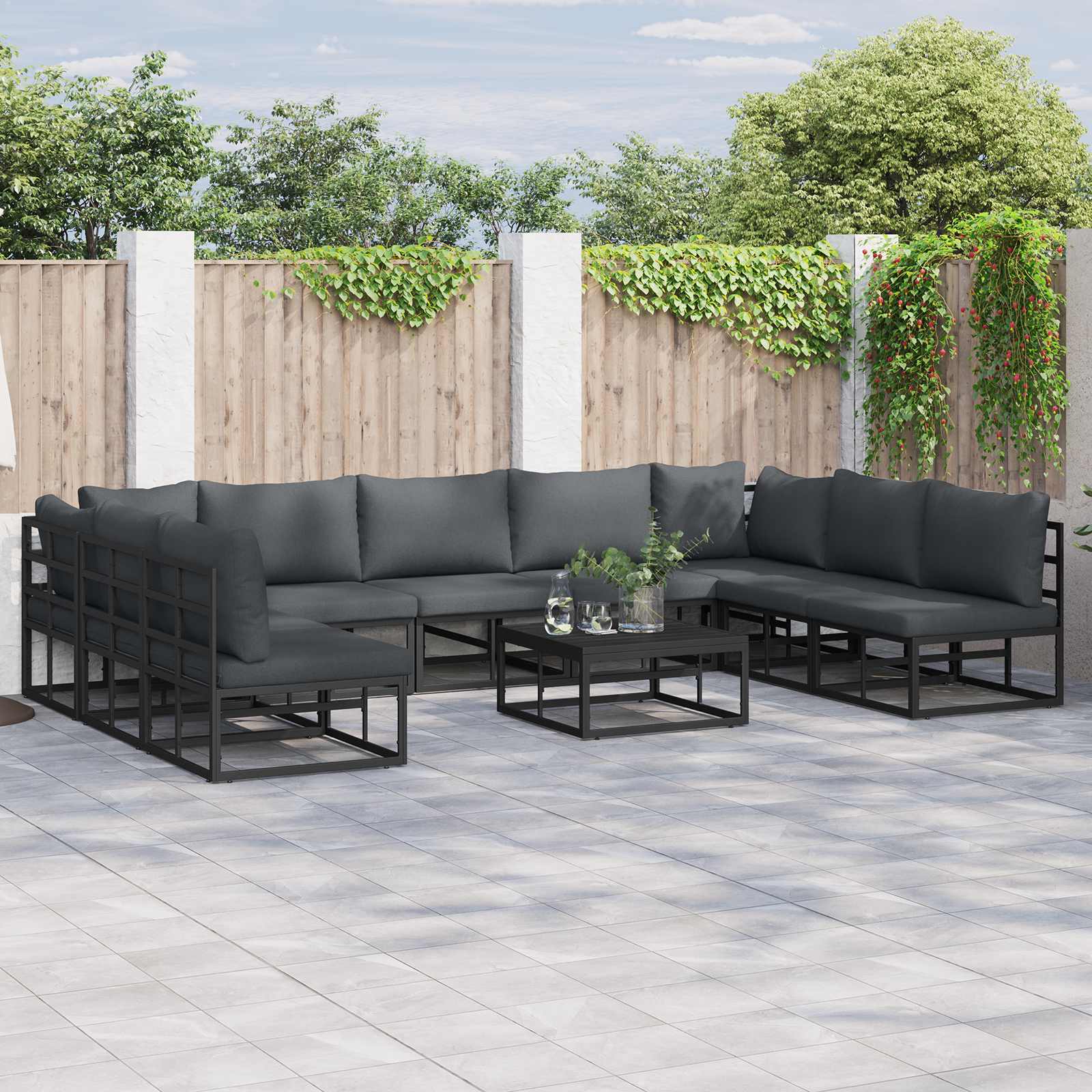 Set Divano da Giardino con cuscino 10 pcs Nero Alluminio | homemem39