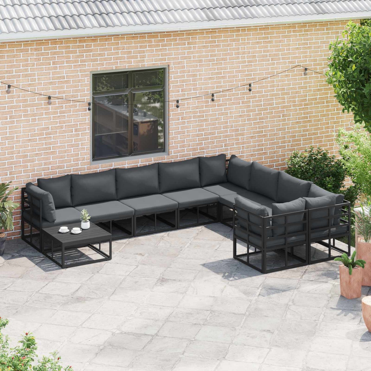 Set Divano da Giardino con cuscino 10 pcs Nero Alluminio | homemem39