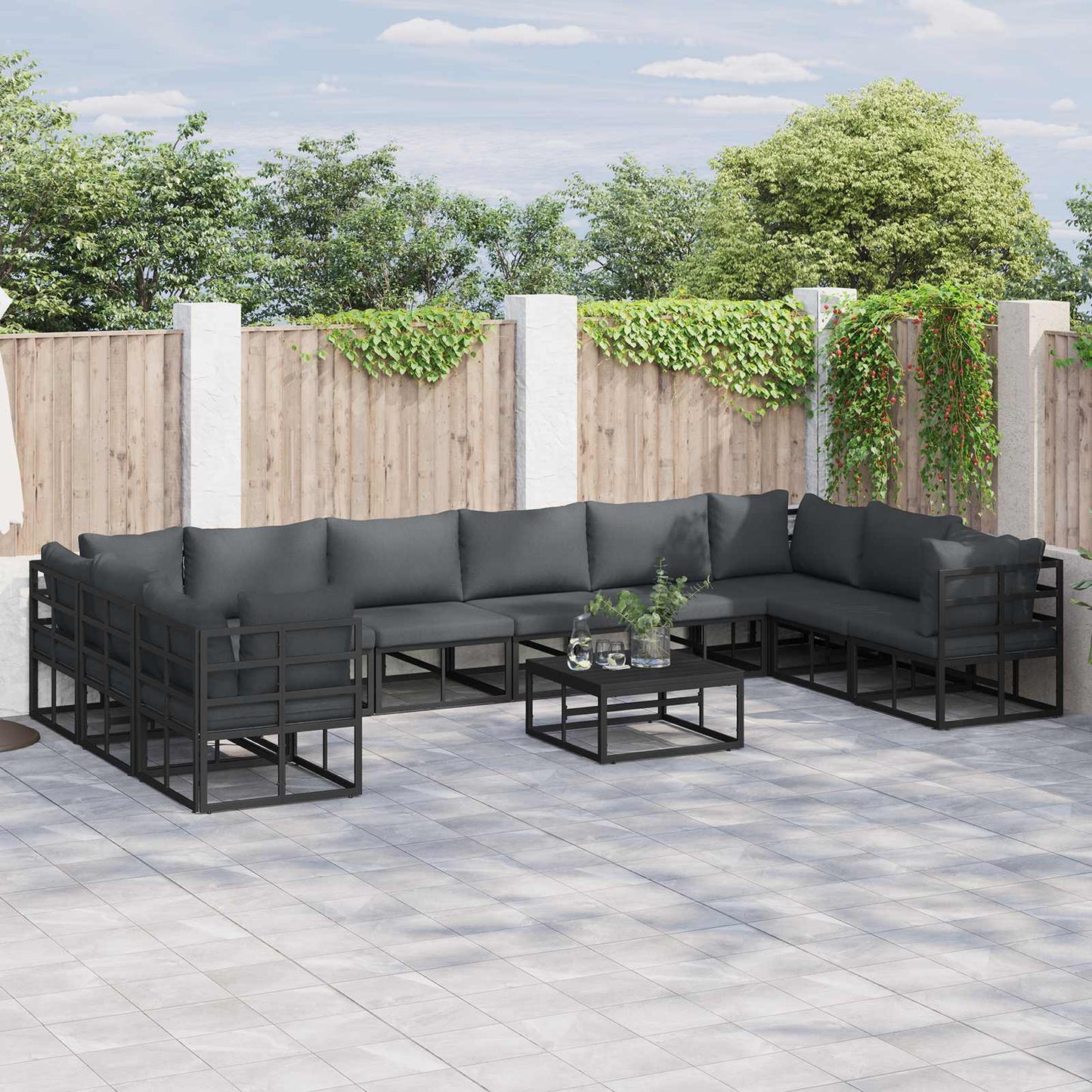 Set Divano da Giardino con cuscino 10 pcs Nero Alluminio | homemem39