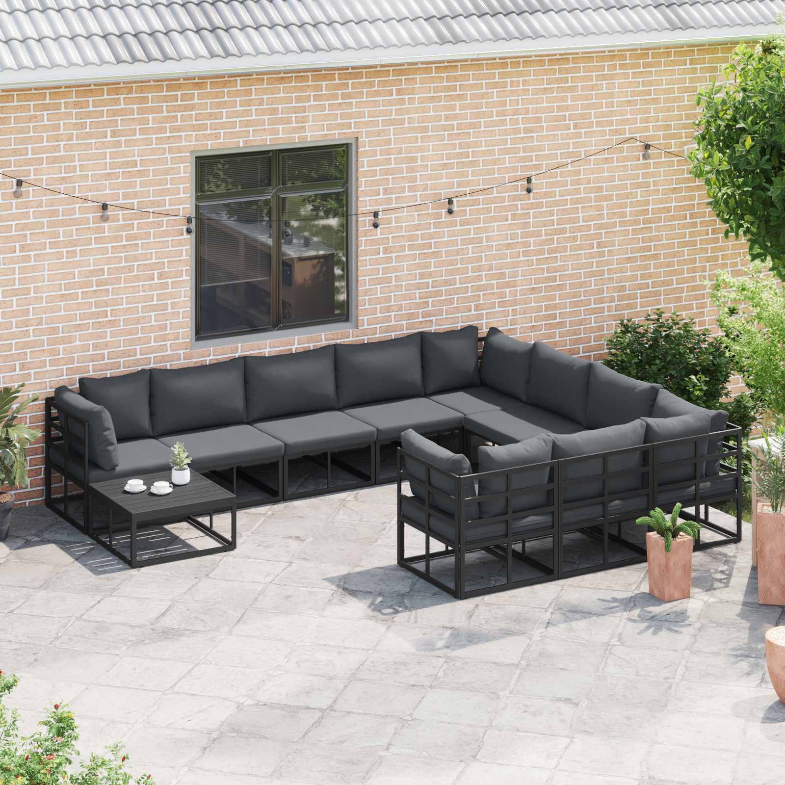 Set Divano da Giardino con cuscino 10 pcs Nero Alluminio | homemem39
