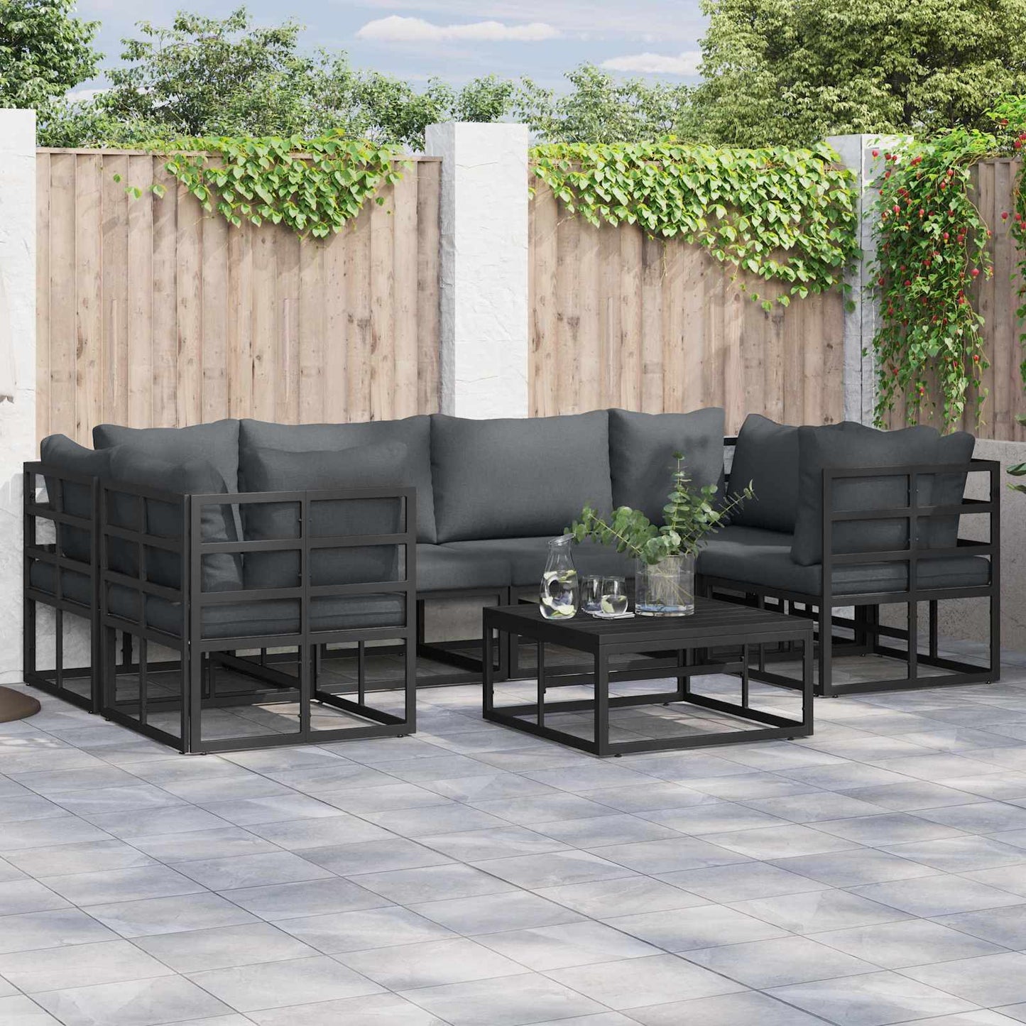 Set Divano da Giardino con cuscino 7 pcs Nero Alluminio | homemem39