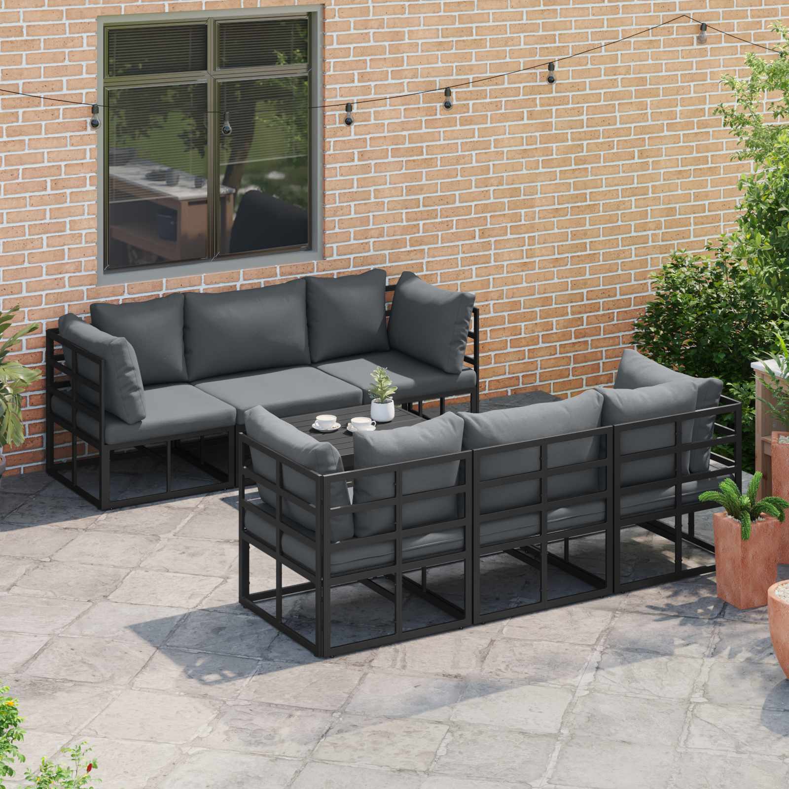 Set Divano da Giardino con cuscino 7 pcs Nero Alluminio | homemem39