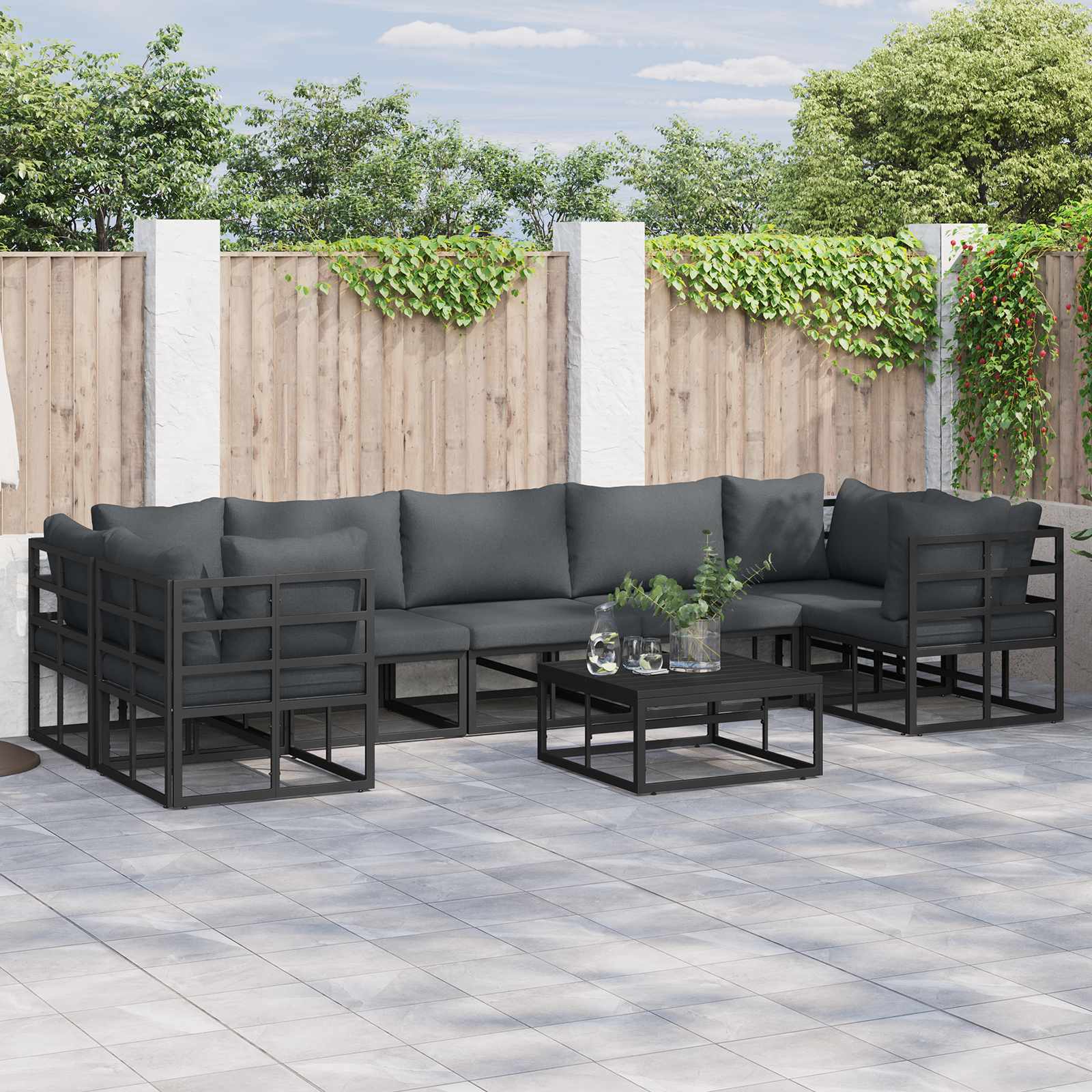 Set Divano da Giardino con cuscino 8 pcs Nero Alluminio | homemem39