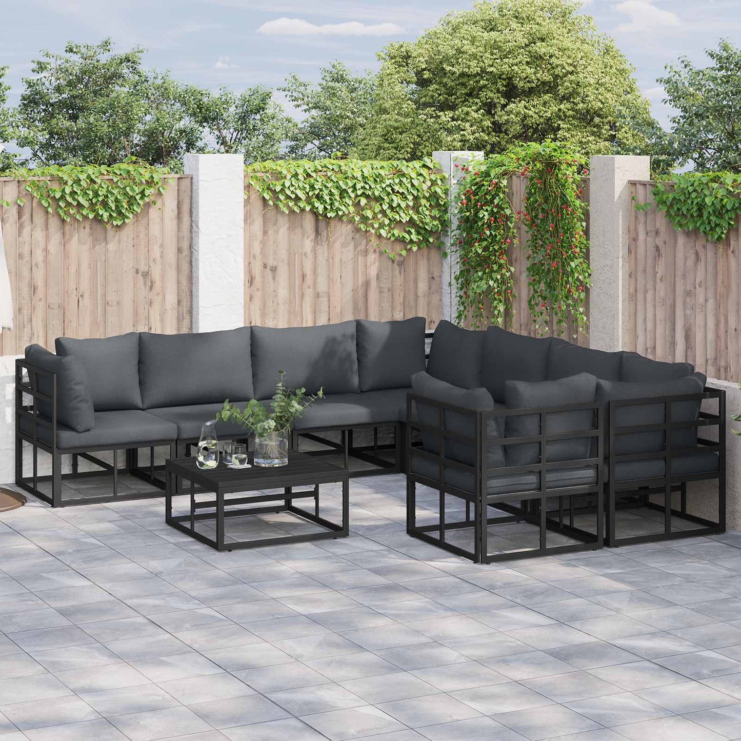 Set Divano da Giardino con cuscino 9 pcs Nero Acciaio | homemem39