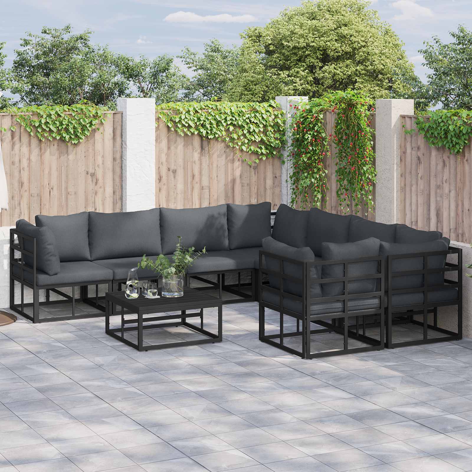 Set Divano da Giardino con cuscino 9 pcs Nero Acciaio | homemem39