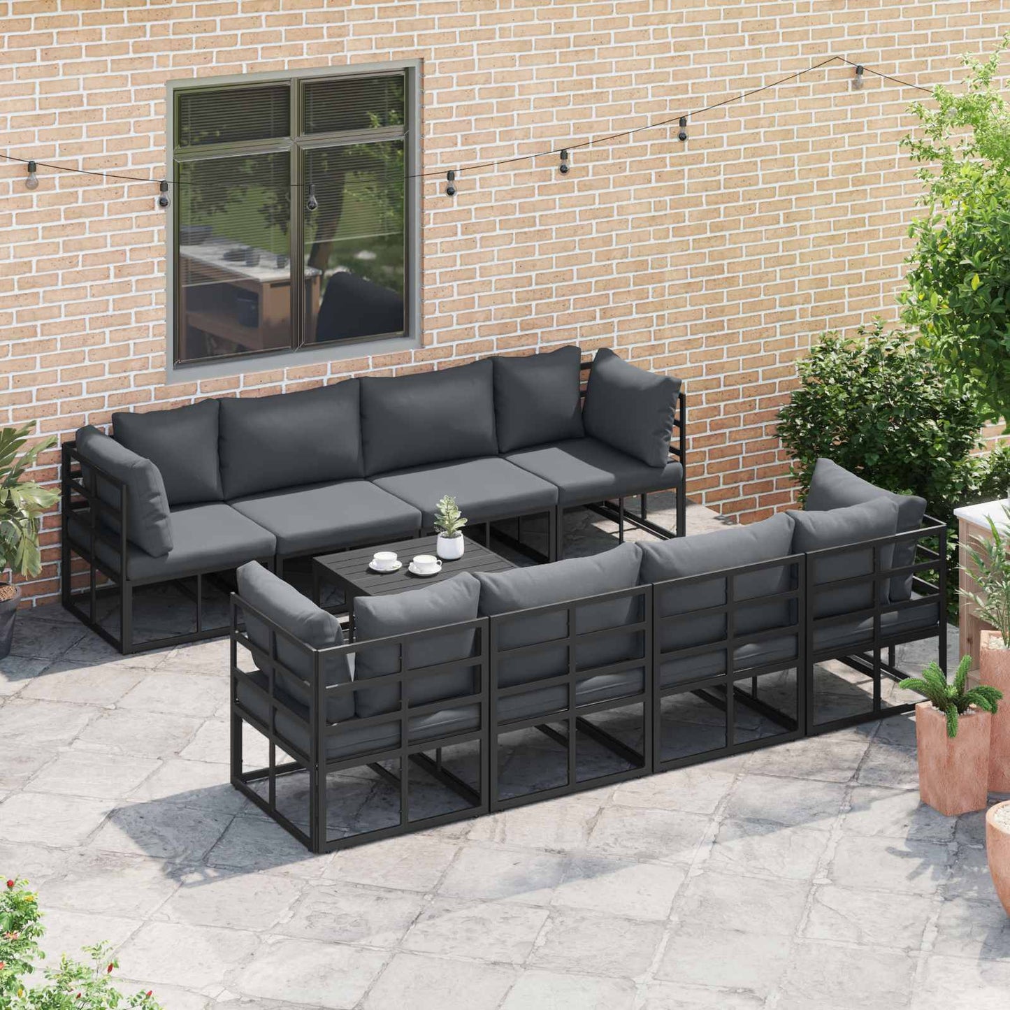 Set Divano da Giardino con cuscino 9 pcs Nero Acciaio