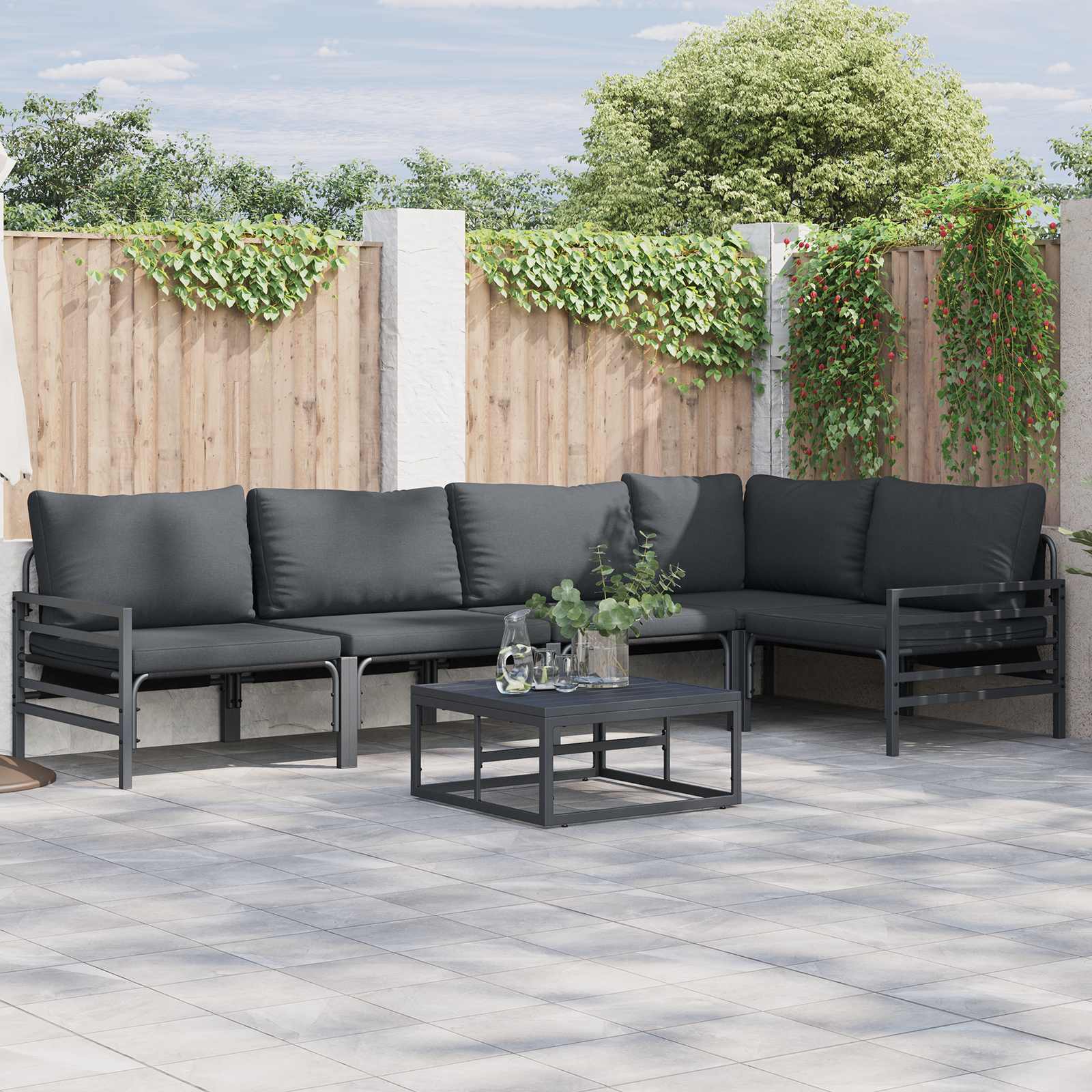 Set Divano da Giardino con cuscino 5 pcs Nero Acciaio | homemem39