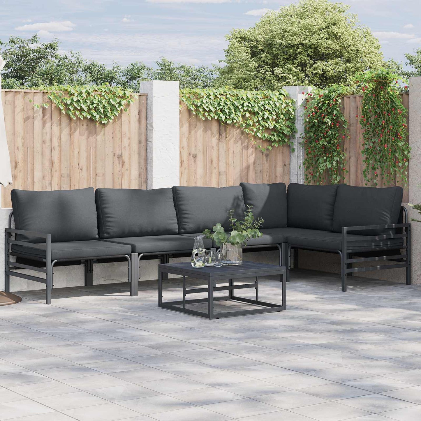 Set Divano da Giardino con cuscino 6 pcs Nero Acciaio | homemem39