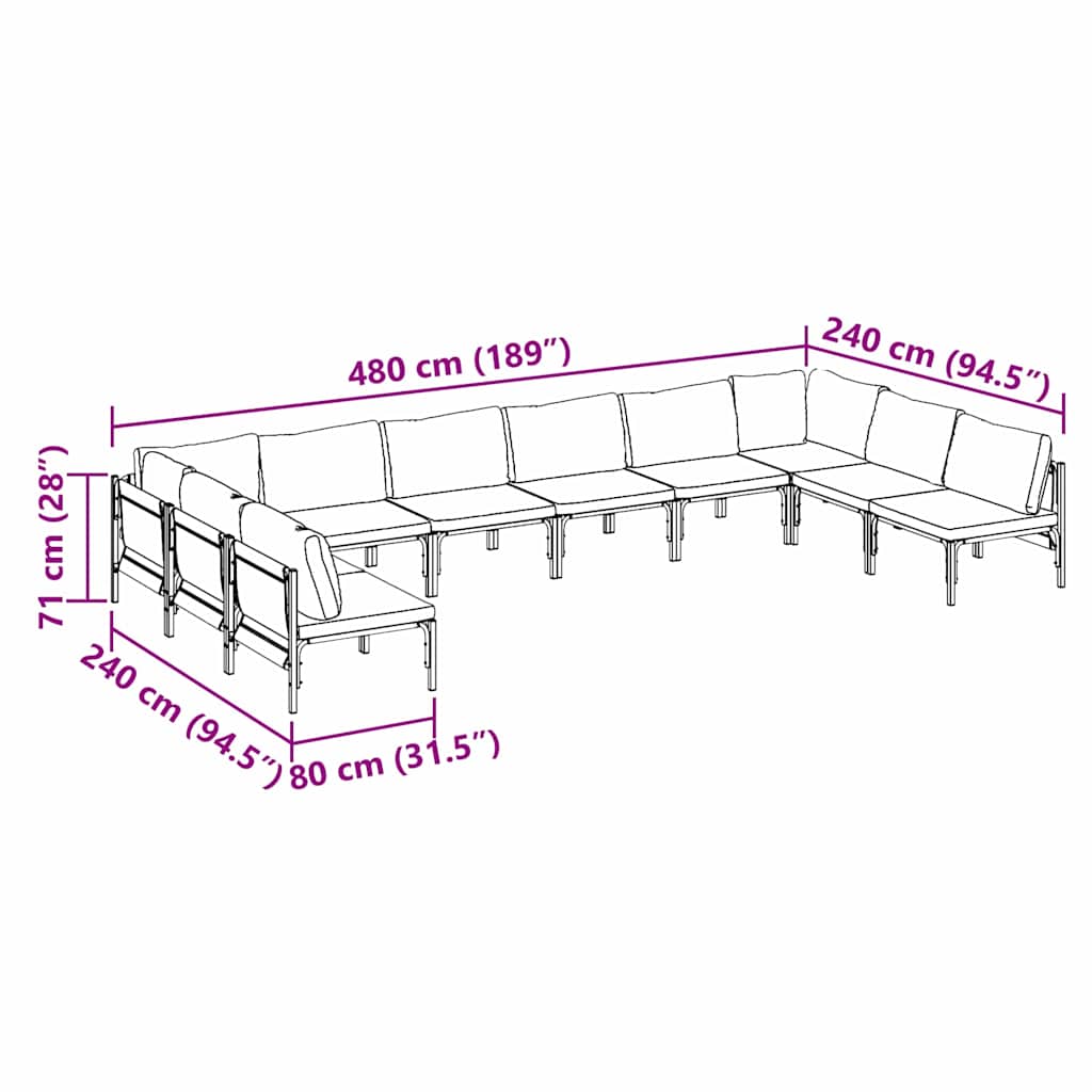 Set Divano da Giardino con cuscino 10 pcs Nero Acciaio | homemem39
