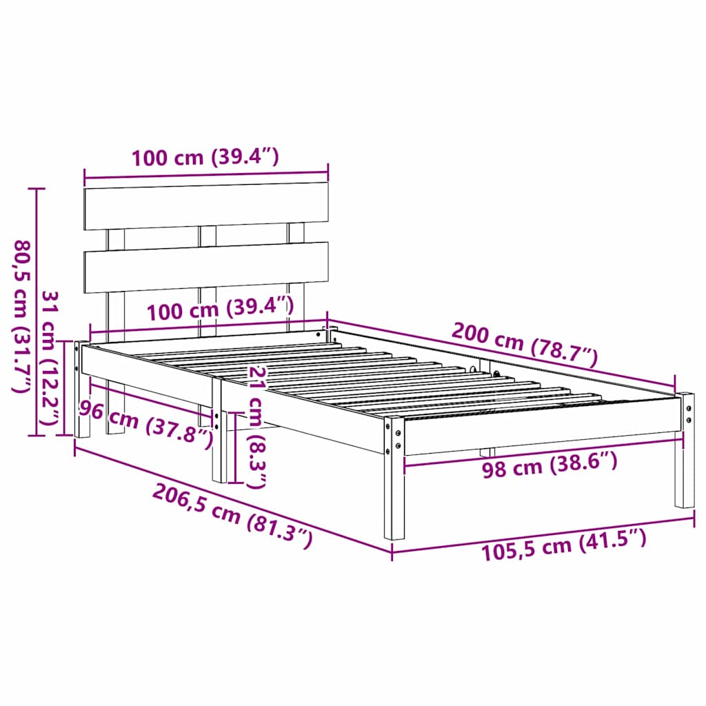 Struttura del letto Bianco 100 x 200 cm Legno massello di pino | homemem39