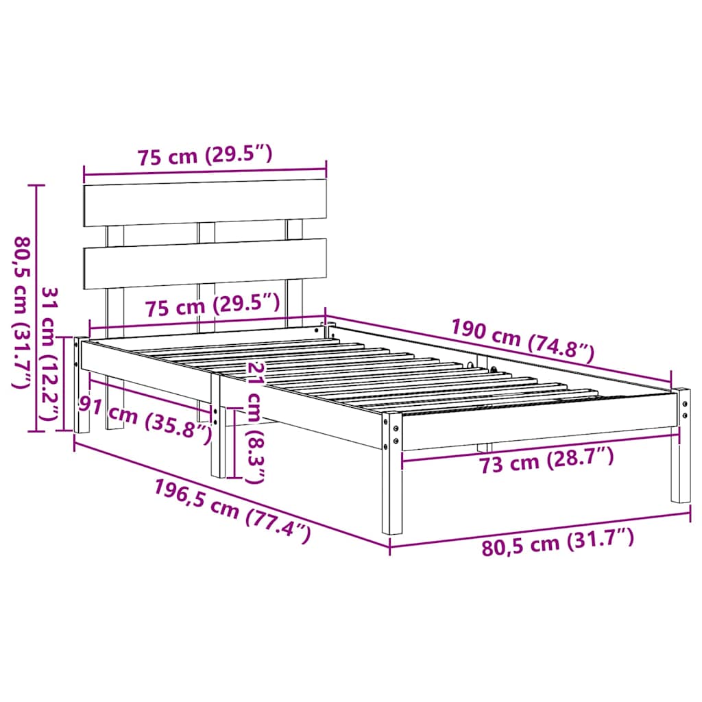 Struttura del letto Bianco 75 x 190 cm Legno massello di pino | homemem39
