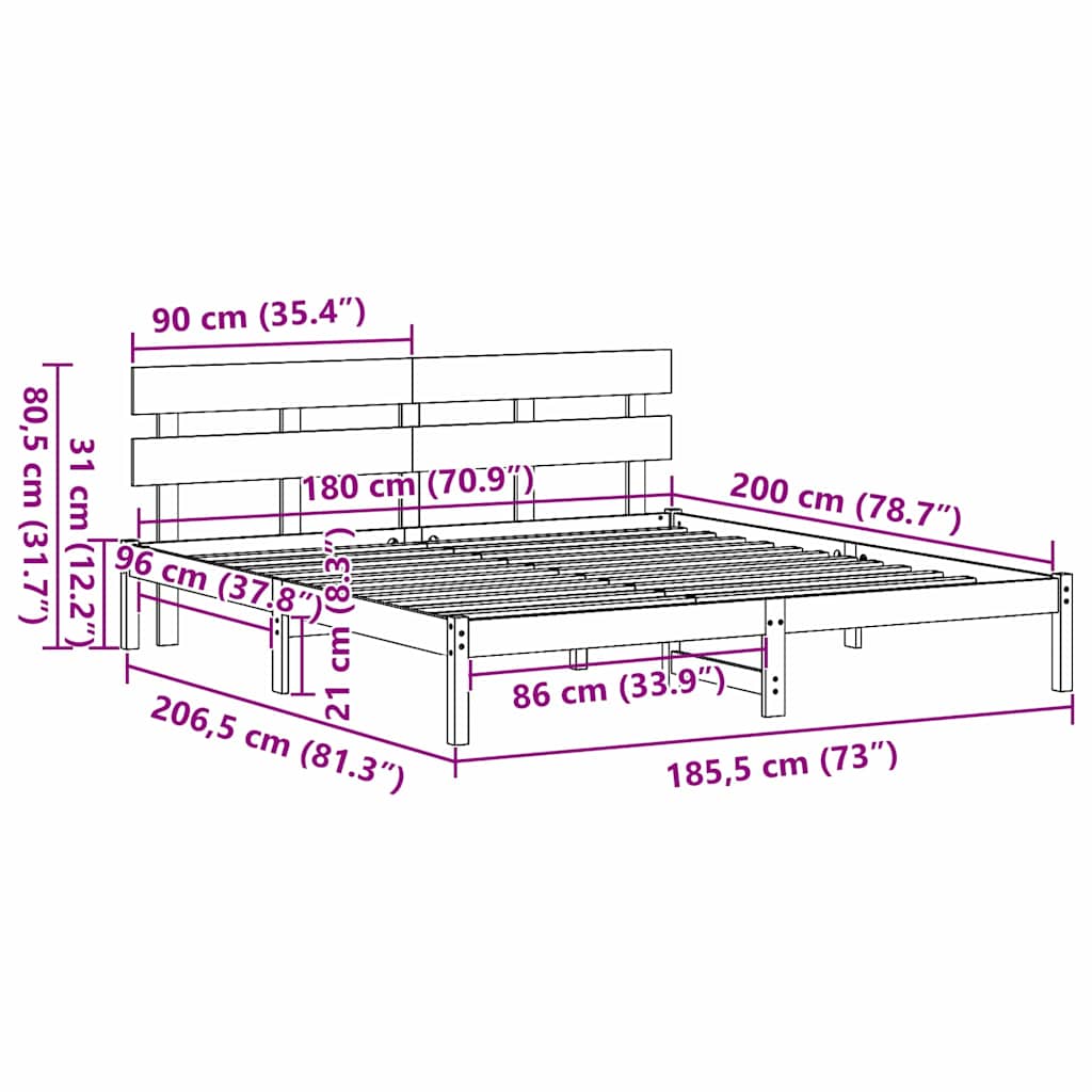 Struttura del letto Marrone 180 x 200 cm Legno massello di pino | homemem39