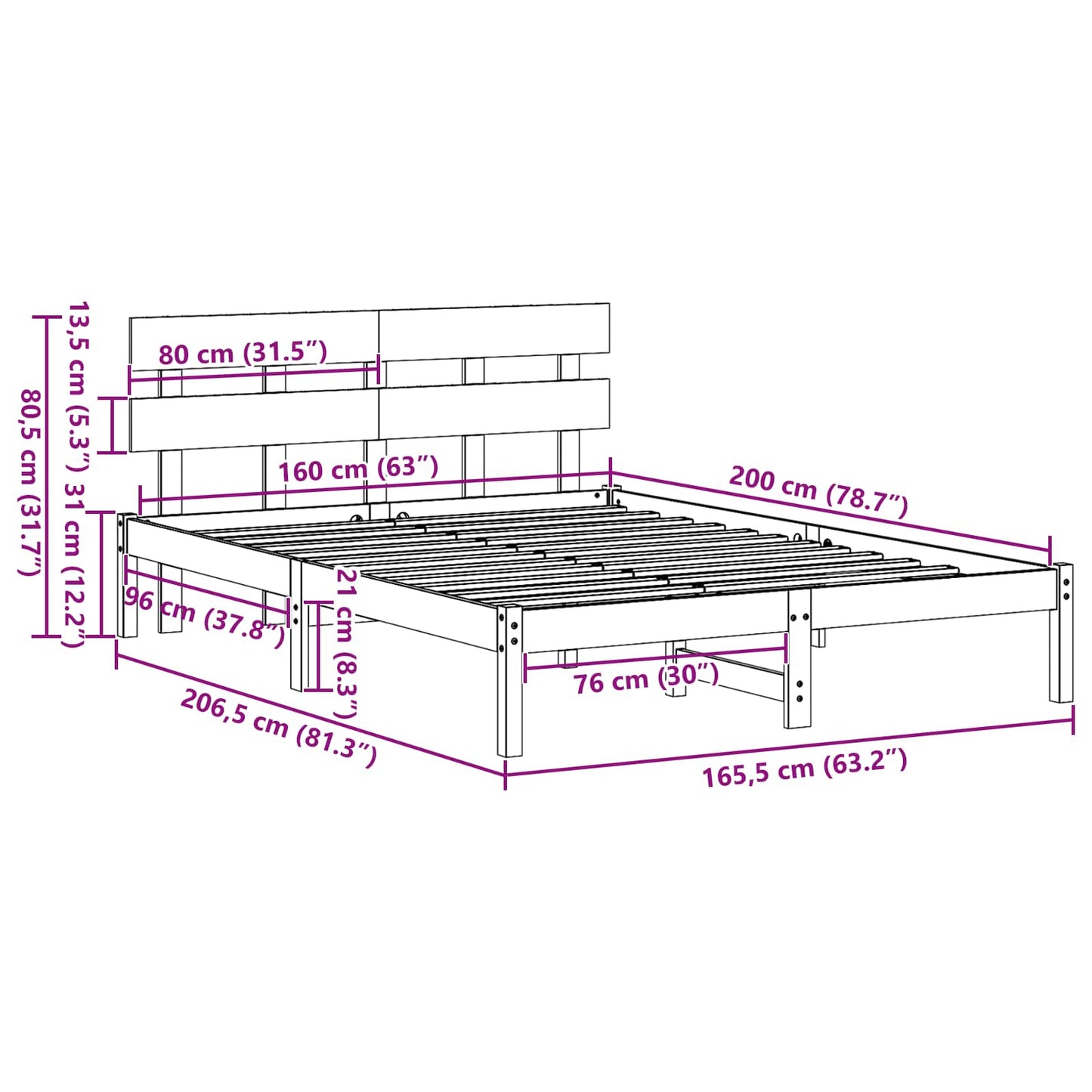 Struttura del letto Marrone 160 x 200 cm Legno massello di pino | homemem39