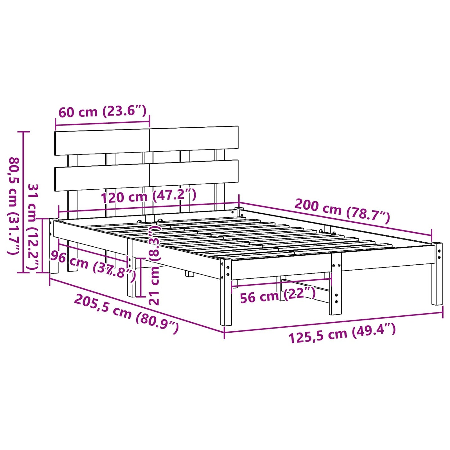 Struttura del letto Bianco 120 x 200 cm Legno massello di pino