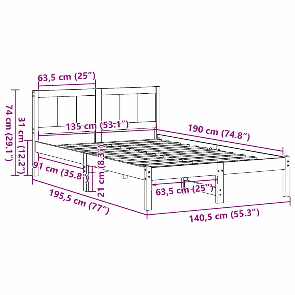 Struttura del letto Marrone 135 x 190 cm Legno massello di pino | homemem39