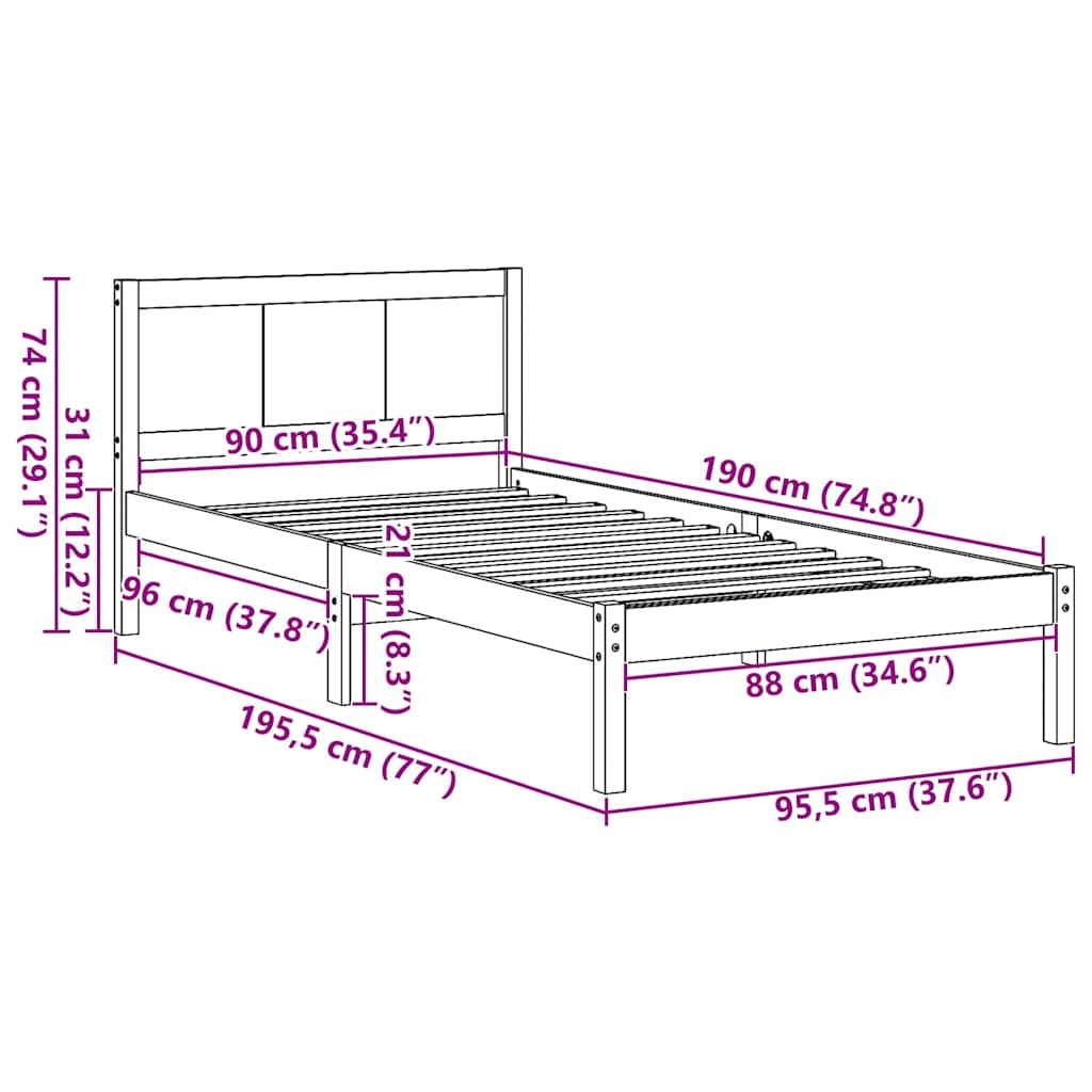 Struttura del letto Marrone 90 x 190 cm Legno massello di pino | homemem39
