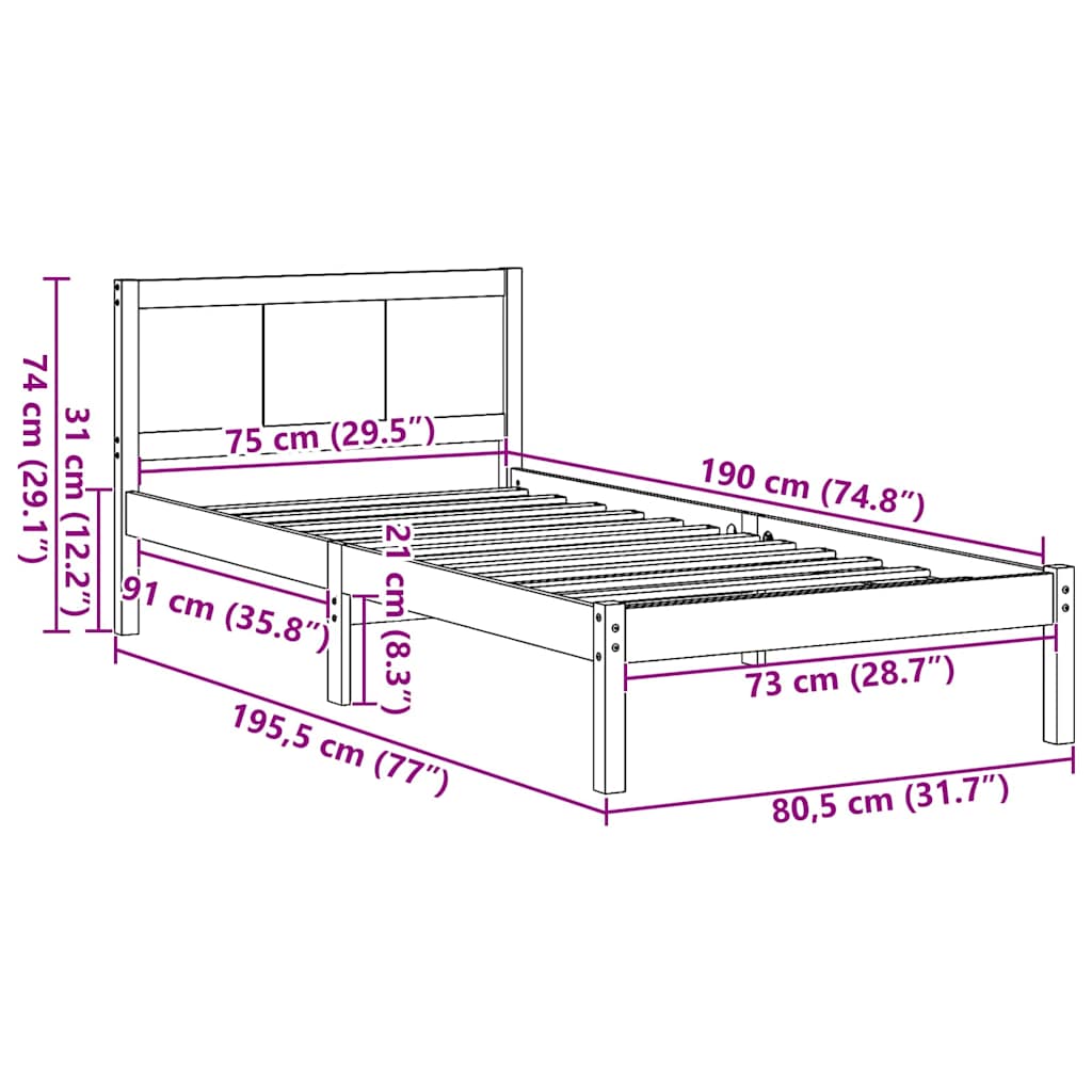 Struttura del letto Bianco 75 x 190 cm Legno massello di pino | homemem39