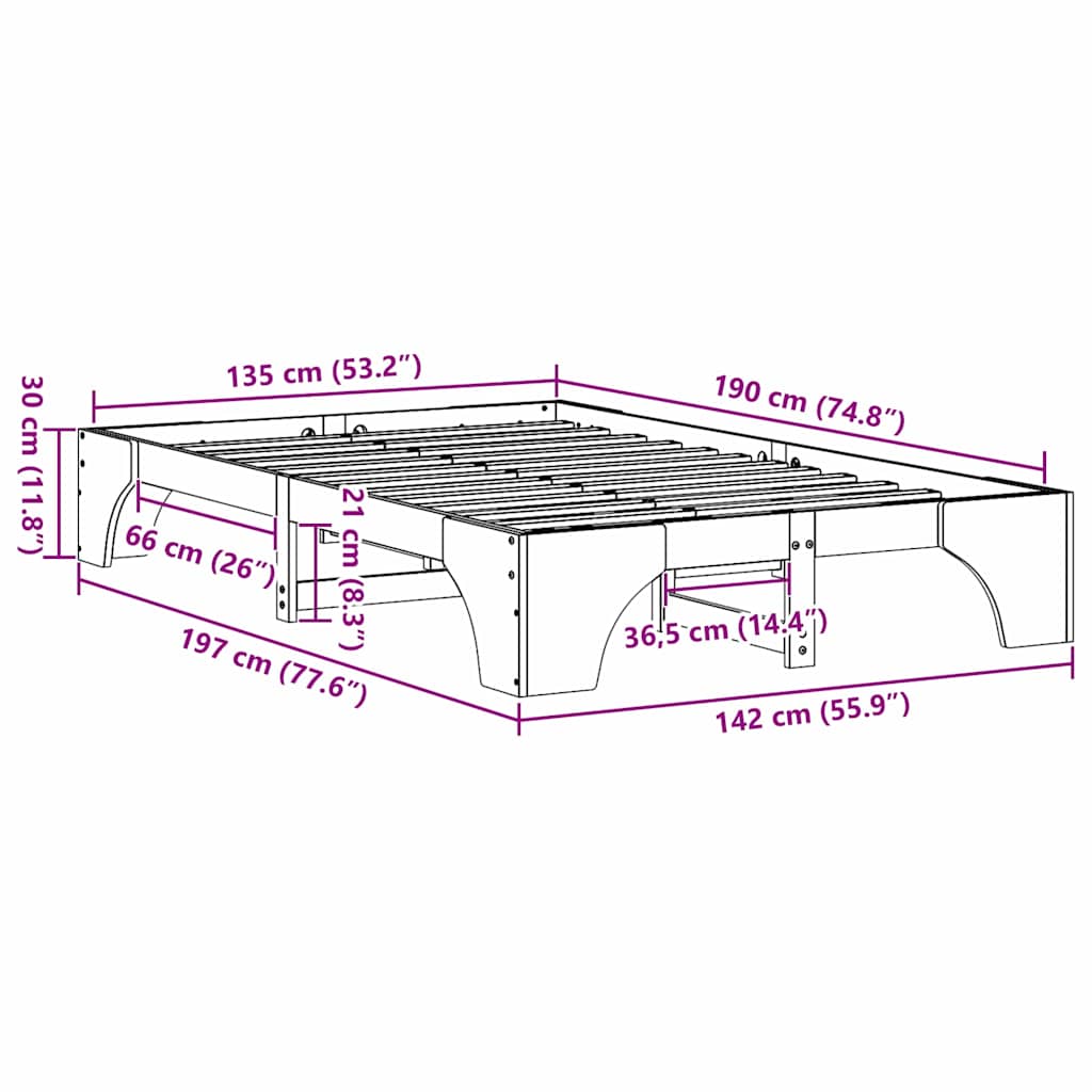 Struttura del letto Bianco 135 x 190 cm Pino massello