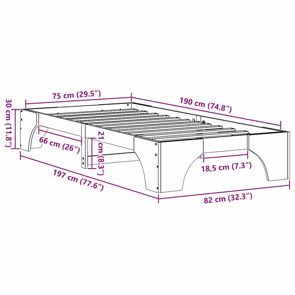 Struttura del letto Naturale 75 x 190 cm Pino massello