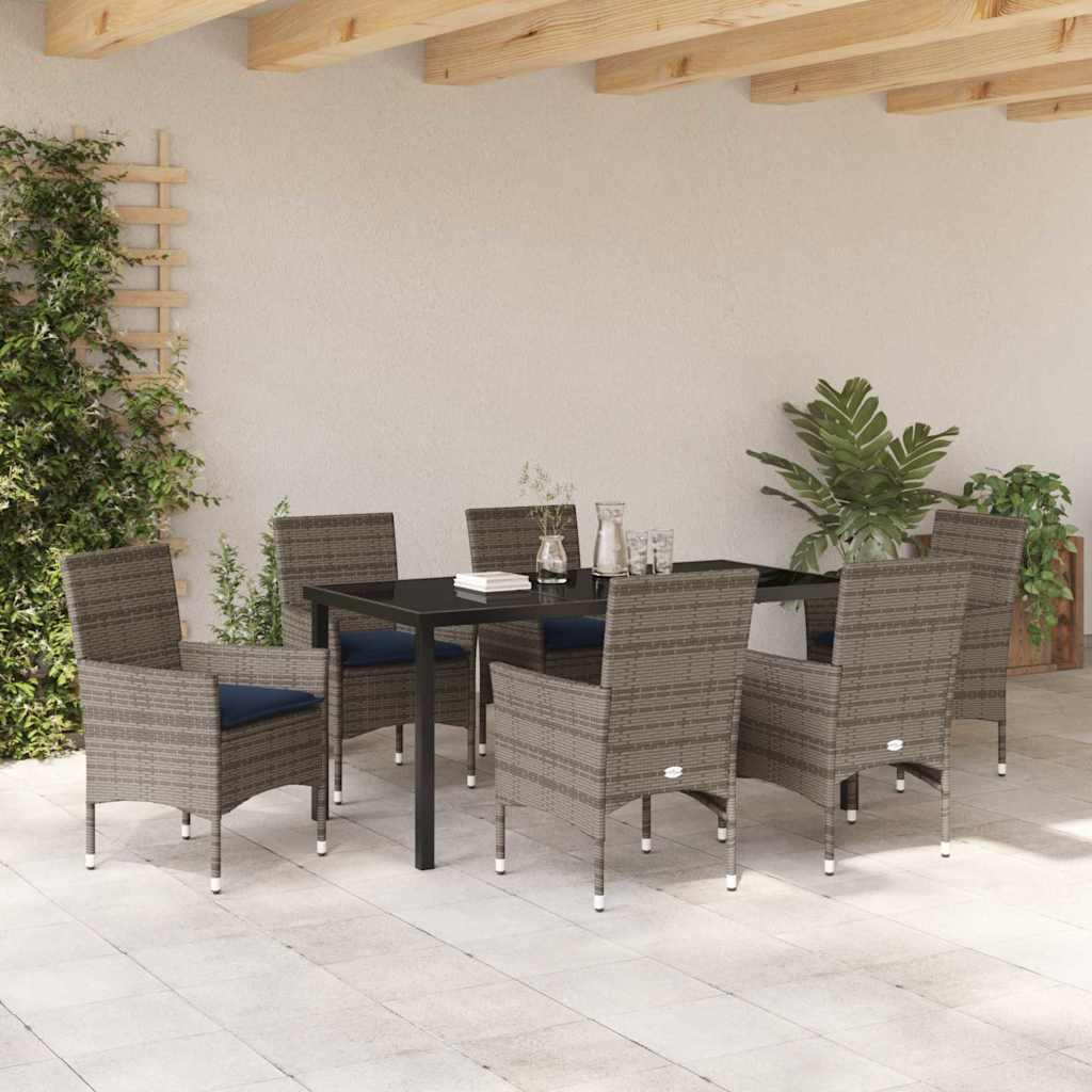 Set di tavolo e sedie con cuscino 7 pcs Grigio Rattan in PE | homemem39