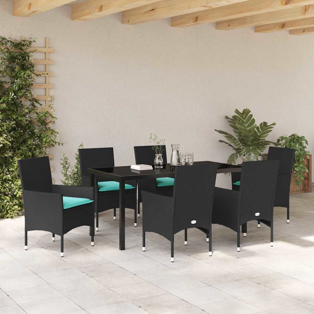 Set di tavolo e sedie con cuscino 7 pcs Nero Rattan in PE | homemem39