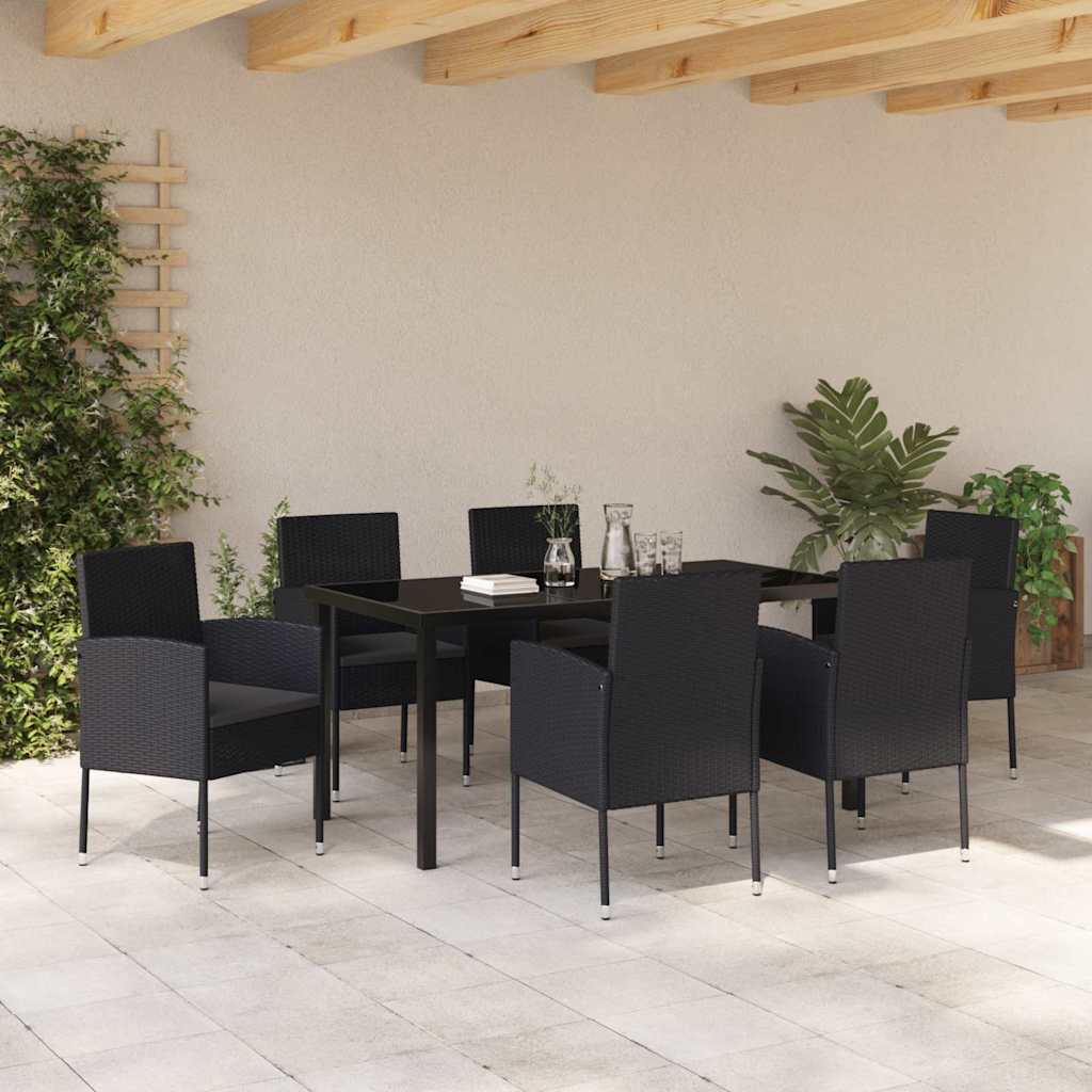 Set da Pranzo per Giardino con cuscino 7 pcs Nero polyrattan | homemem39